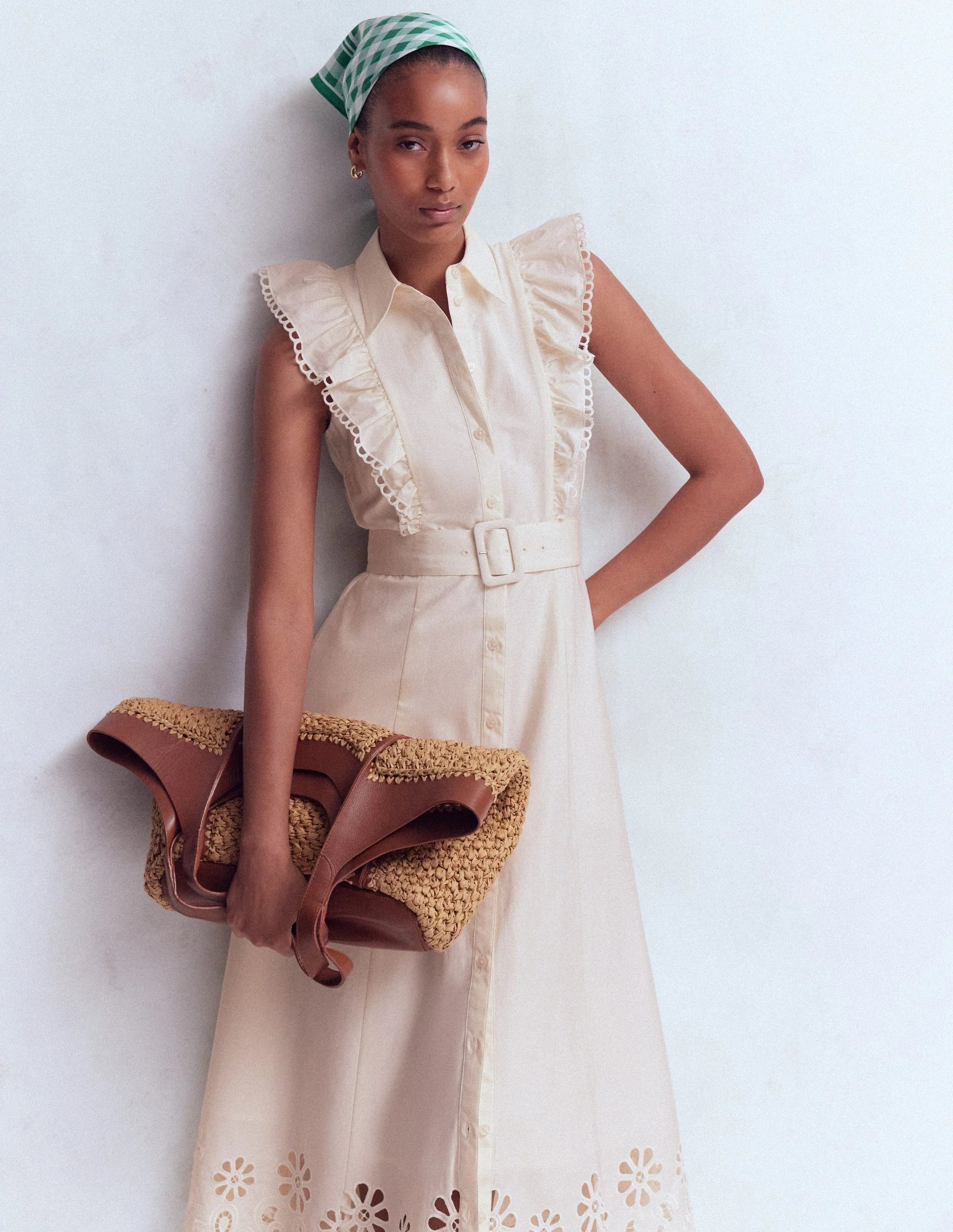 Ruffle Bodice Shirt Dress-White Broderie Trim - Image 4