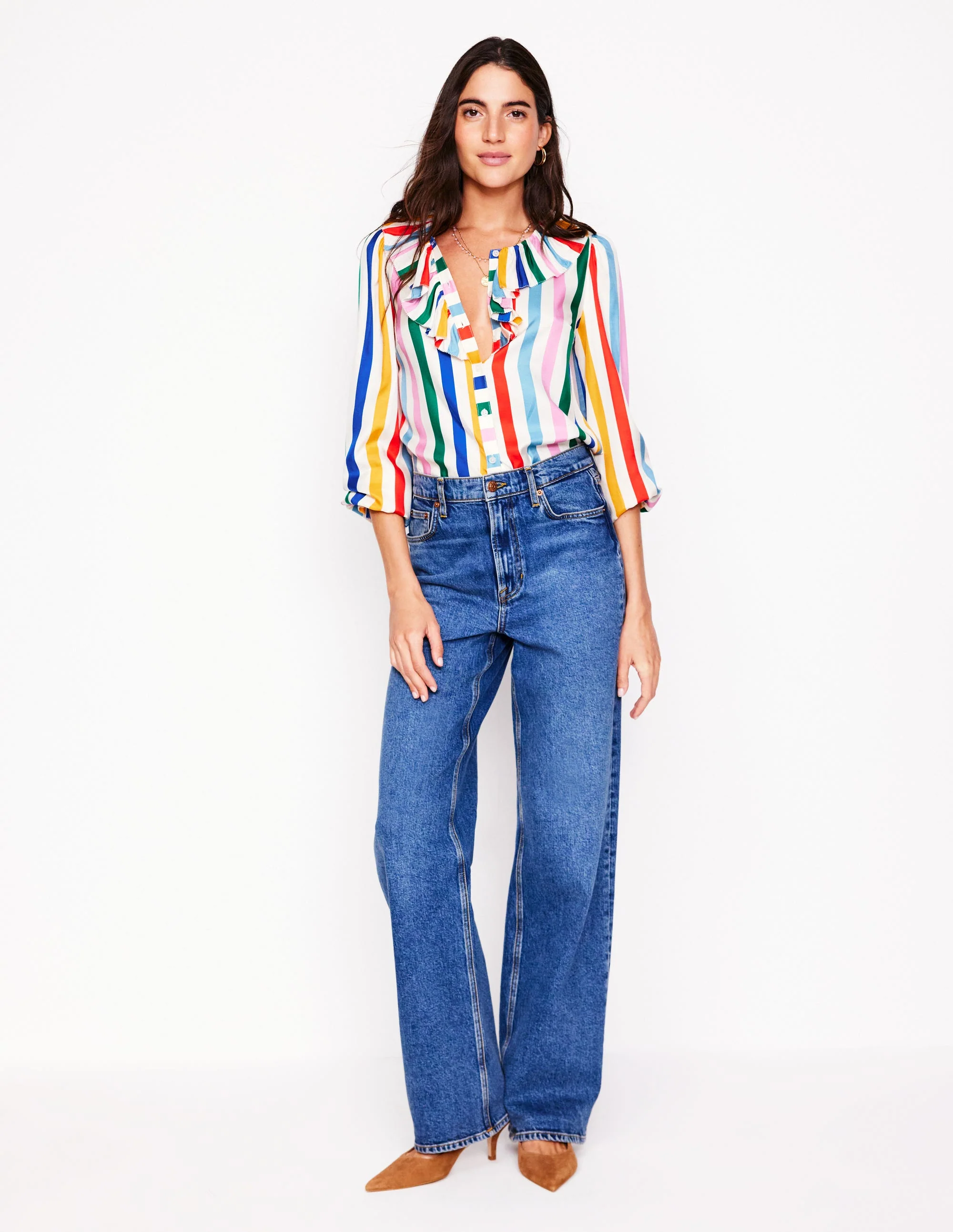 Ruffle Collar Silk Blend Top-Mauve, Strawberry Tart Rainbow - Image 6