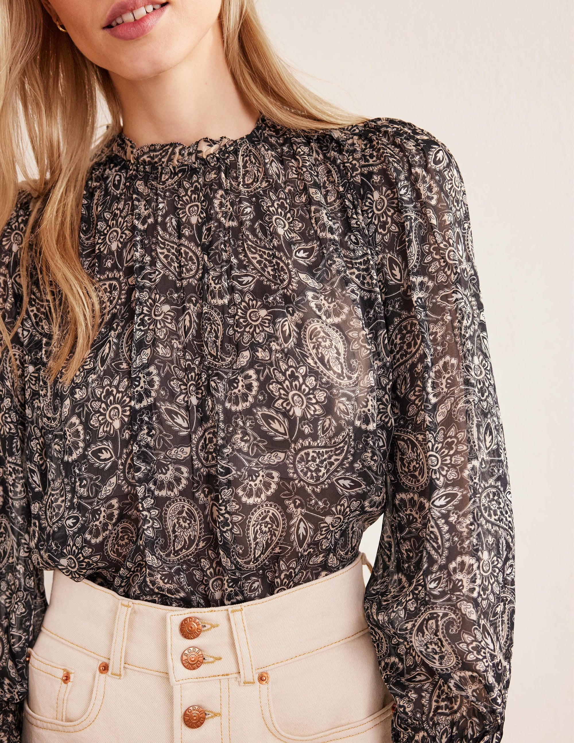 Ruffle Detail Swing Top-Black, Paisley Terrace - Image 2