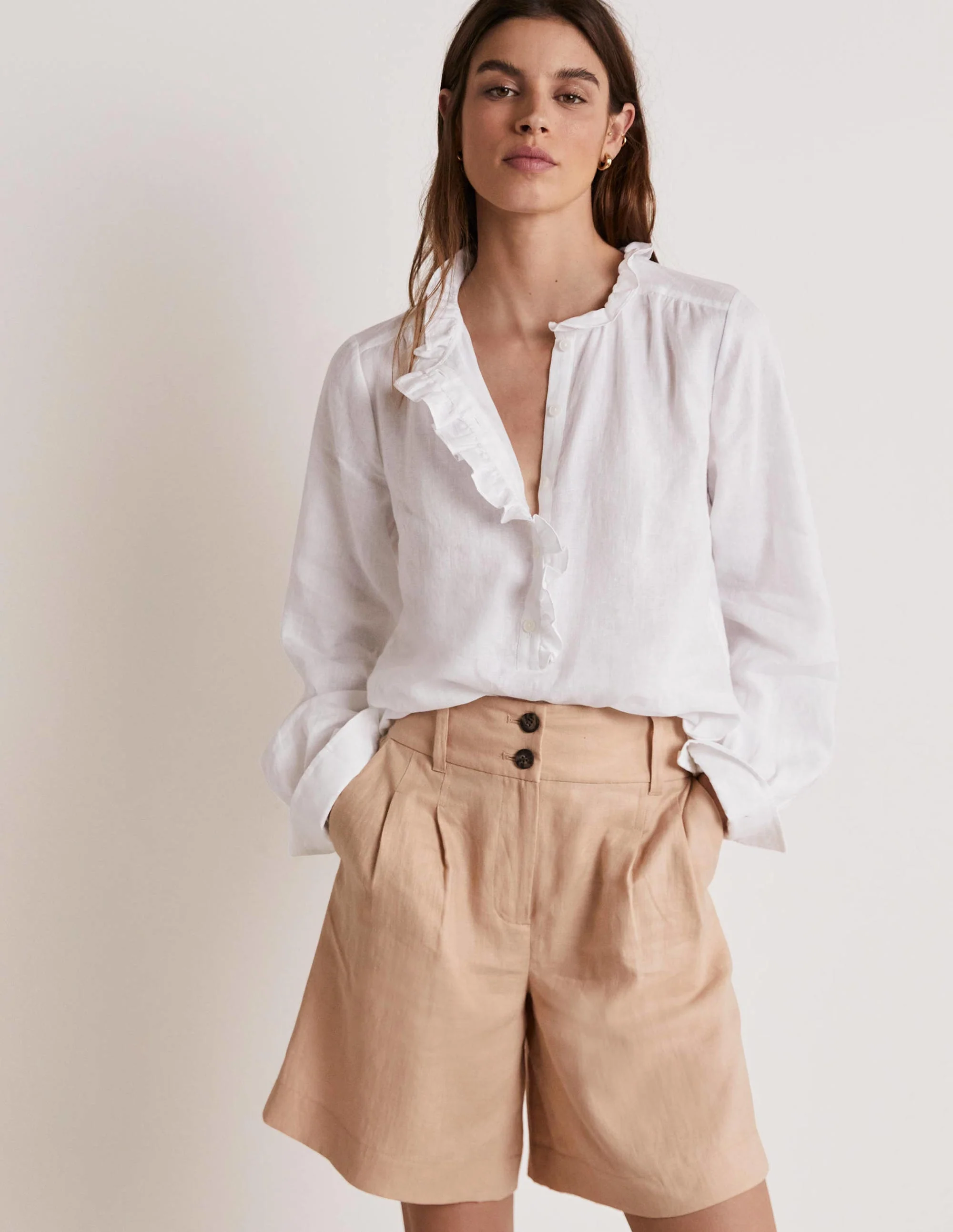 Ruffle Linen Popover Blouse-White