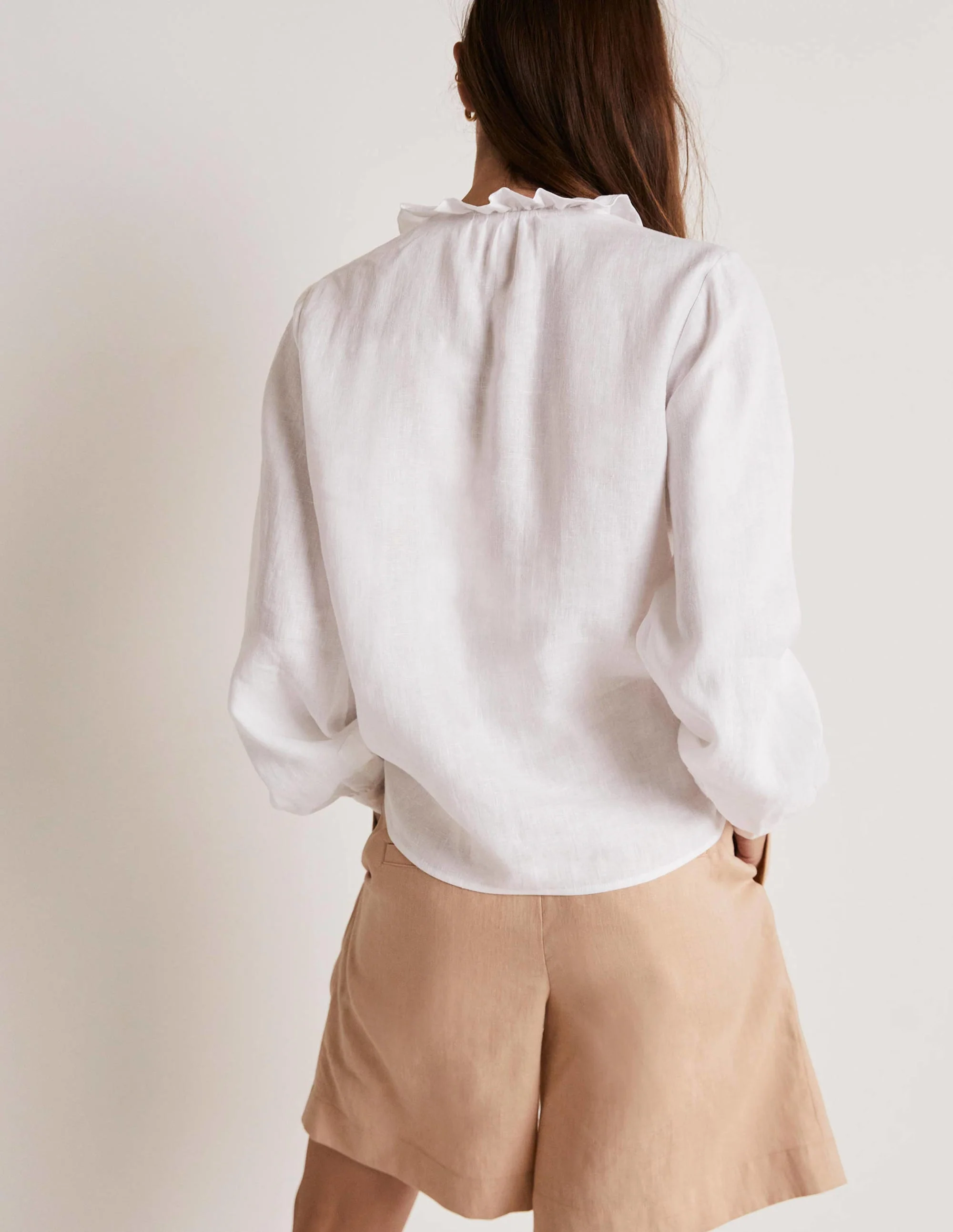 Ruffle Linen Popover Blouse-White - Image 3