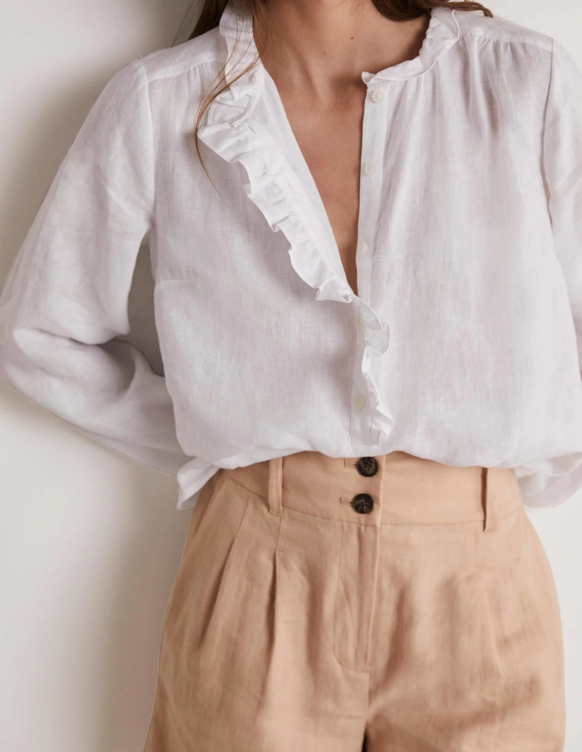 Ruffle Linen Popover Blouse-White - Image 6