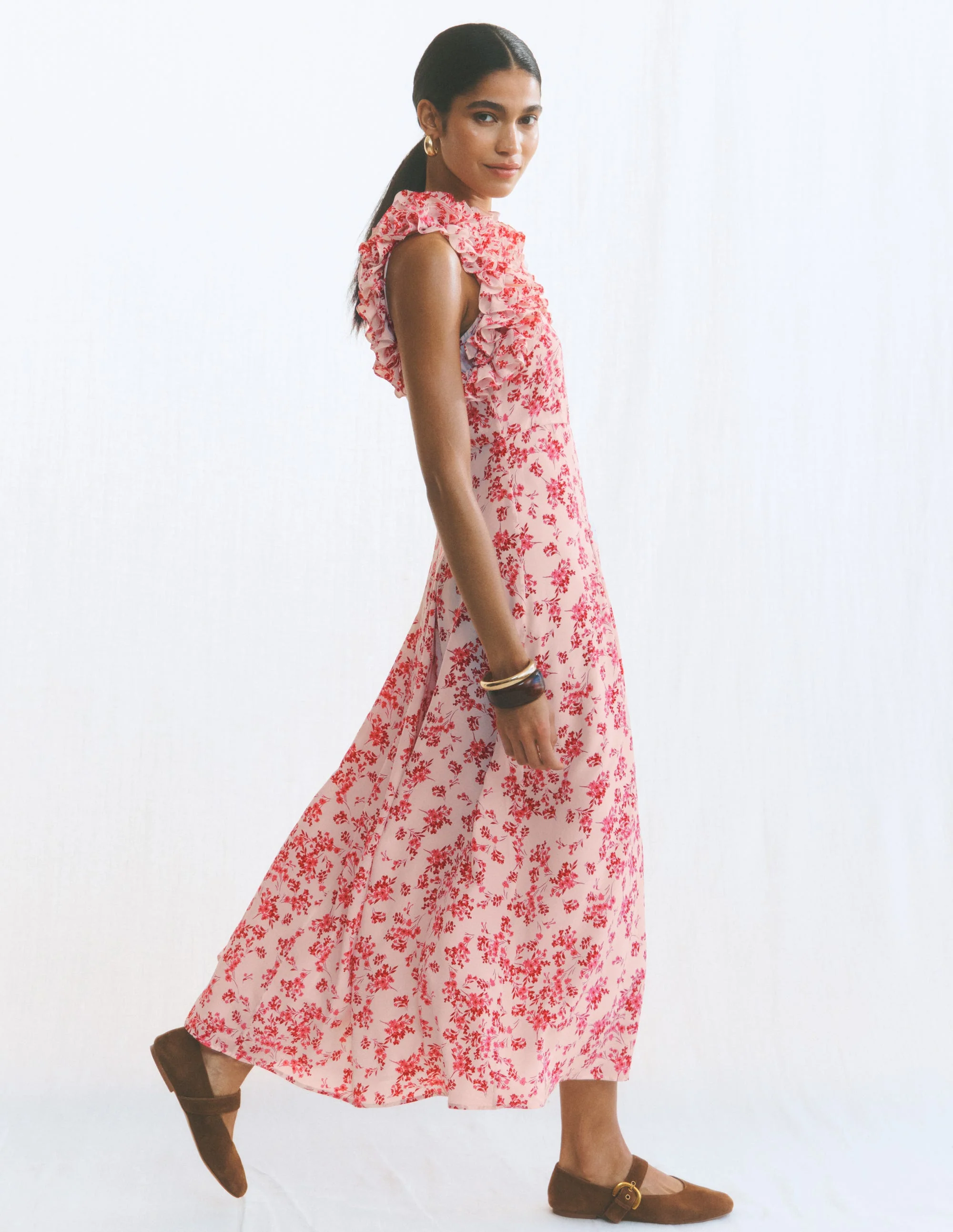 Ruffle Silk Midi Dress-Pink Bloom Scatter Mono - Image 2