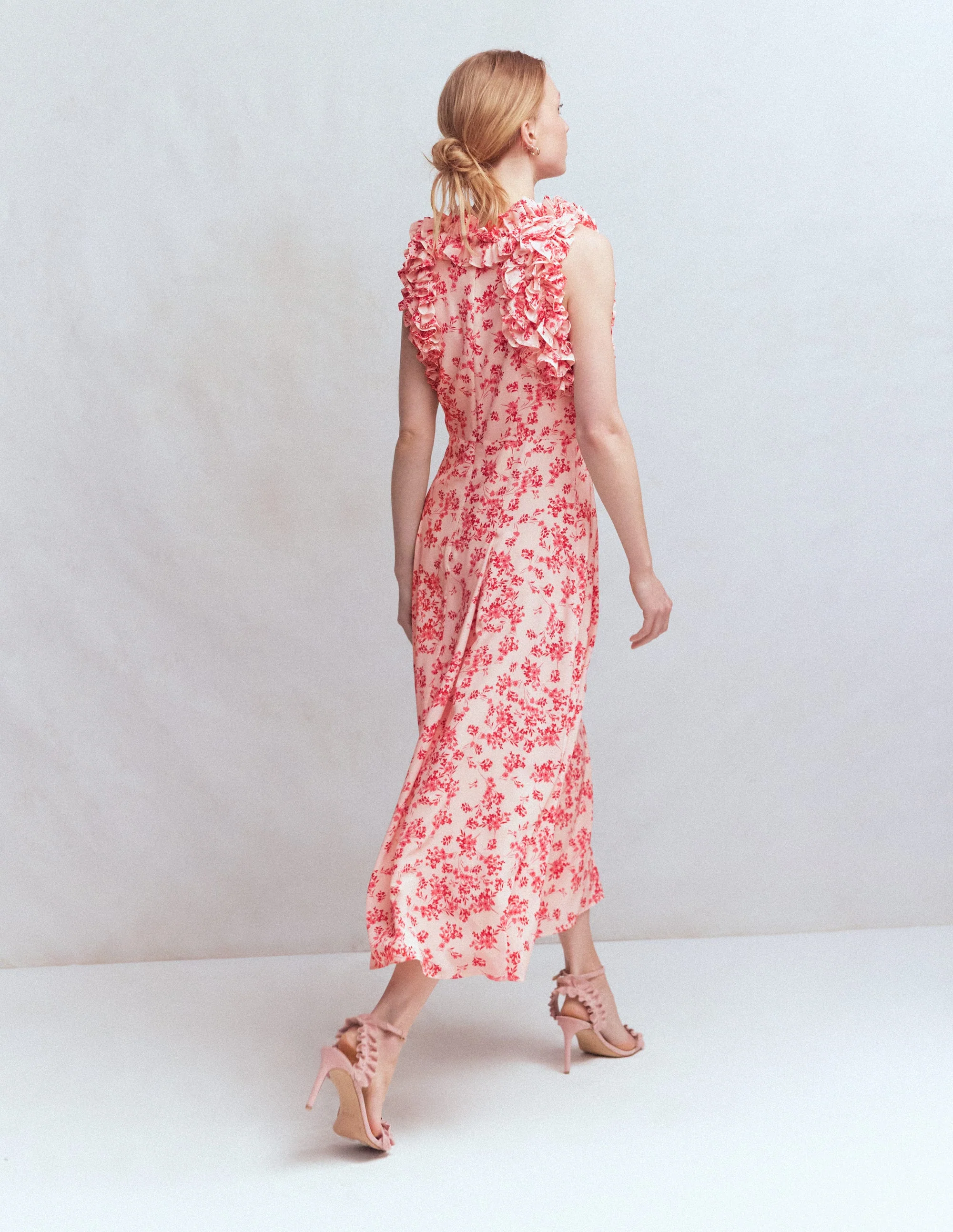 Ruffle Silk Midi Dress-Pink Bloom Scatter Mono - Image 5