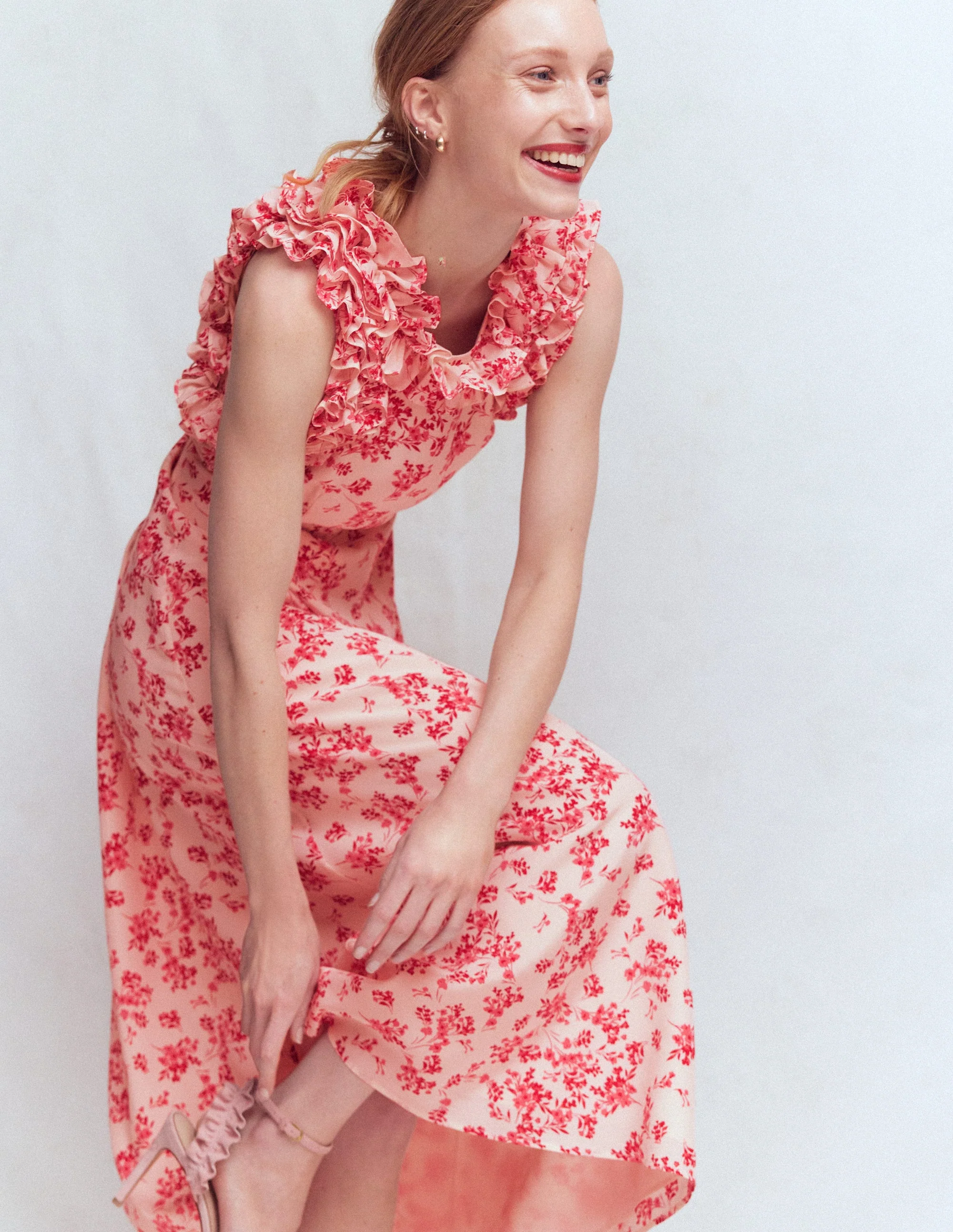 Ruffle Silk Midi Dress-Pink Bloom Scatter Mono - Image 6