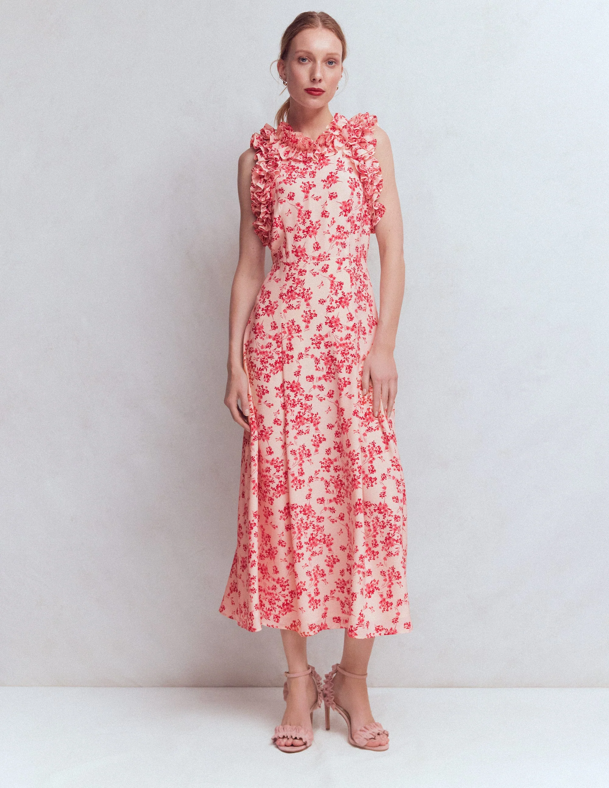Ruffle Silk Midi Dress-Pink Bloom Scatter Mono - Image 7