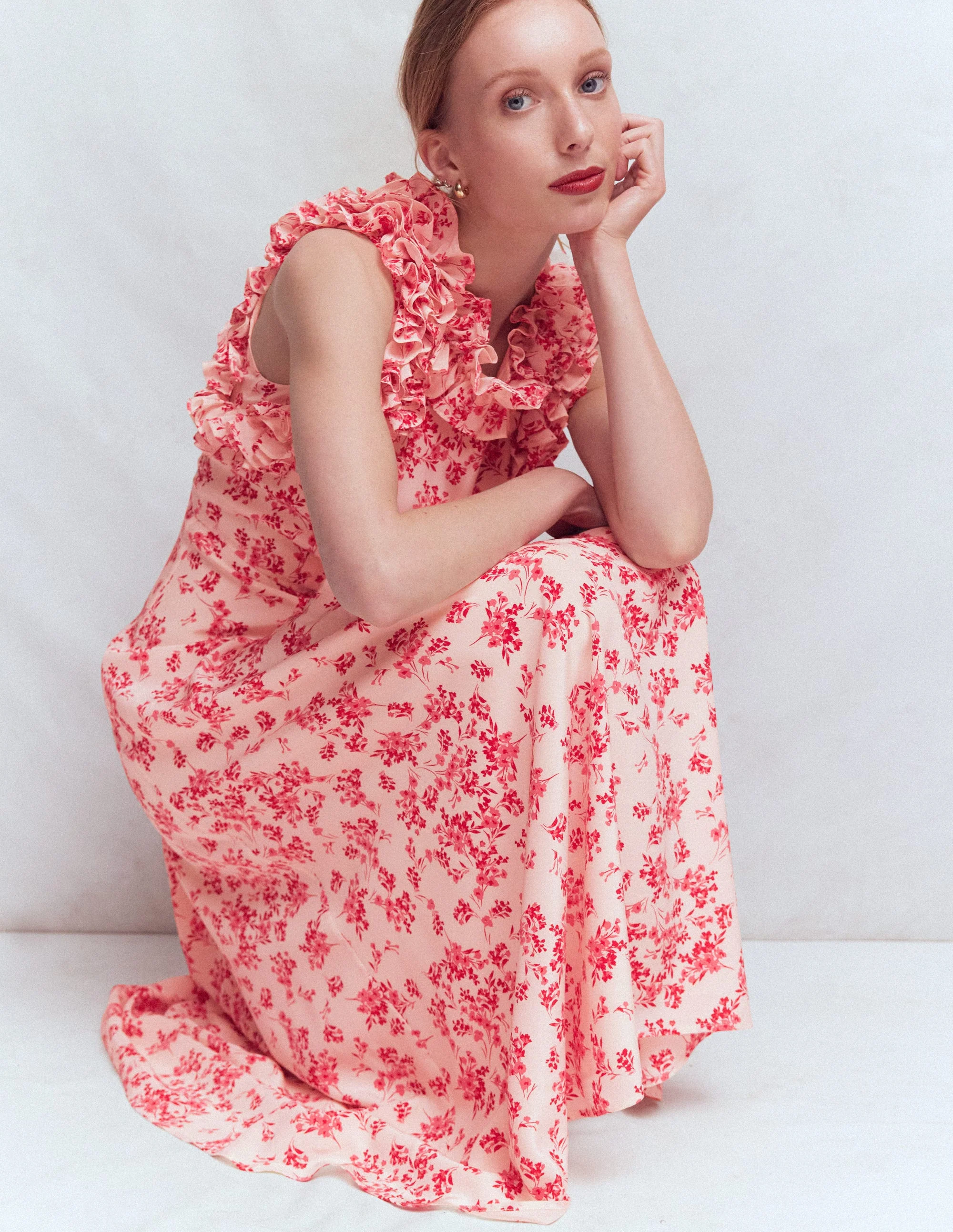 Ruffle Silk Midi Dress-Pink Bloom Scatter Mono - Image 8