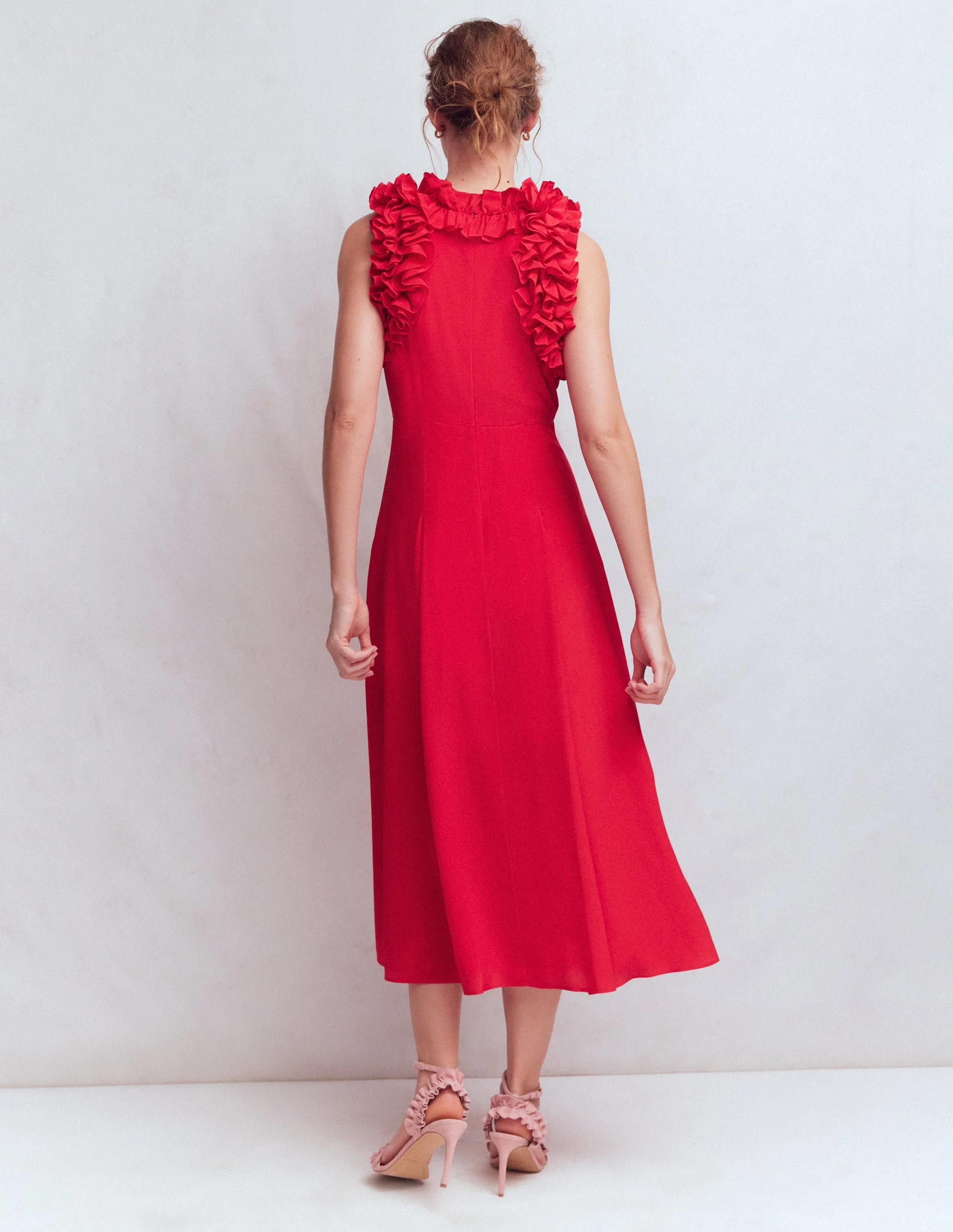 Ruffle Silk Midi Dress-Red - Image 3
