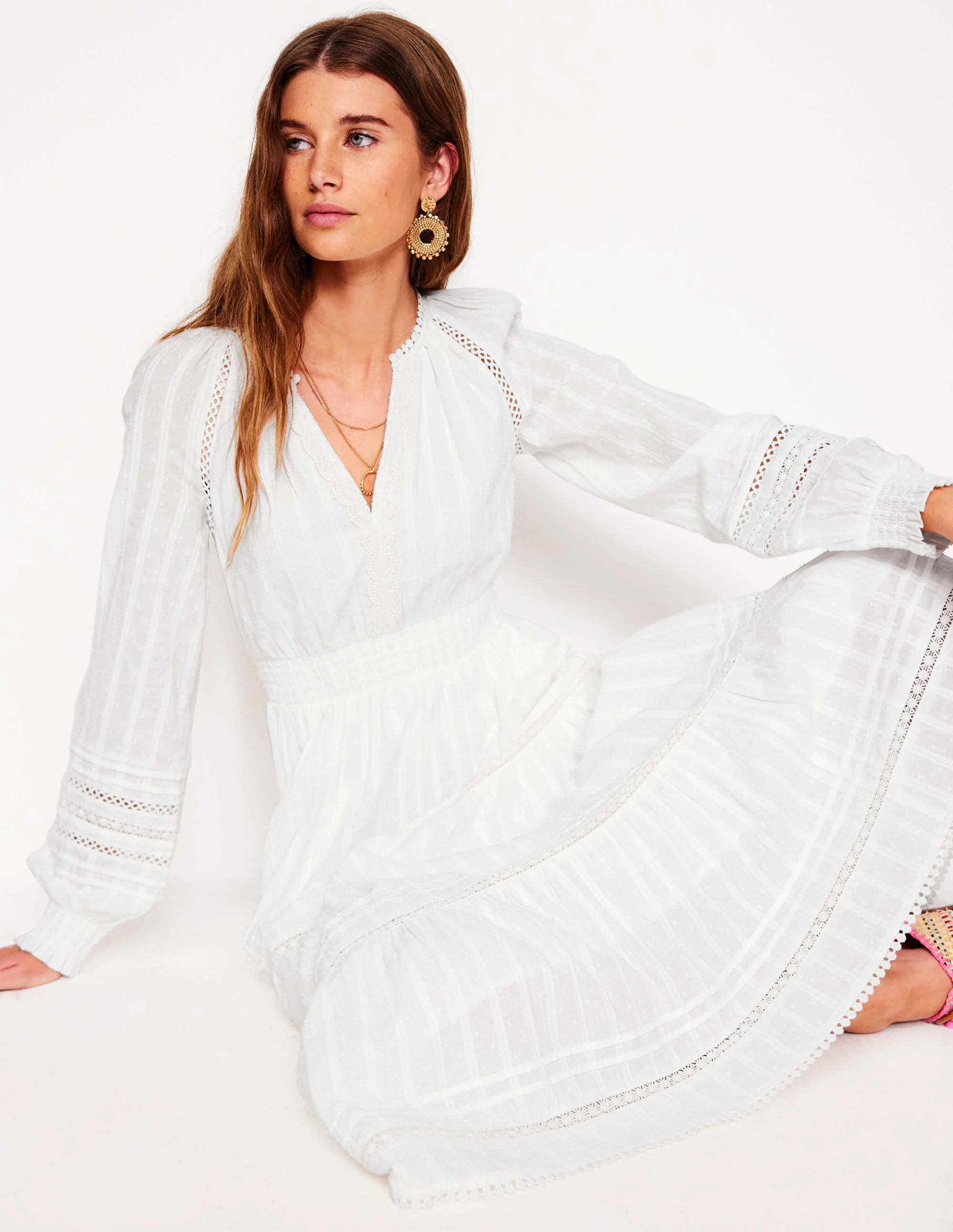 Ruffle Smocked Cotton Dress-White