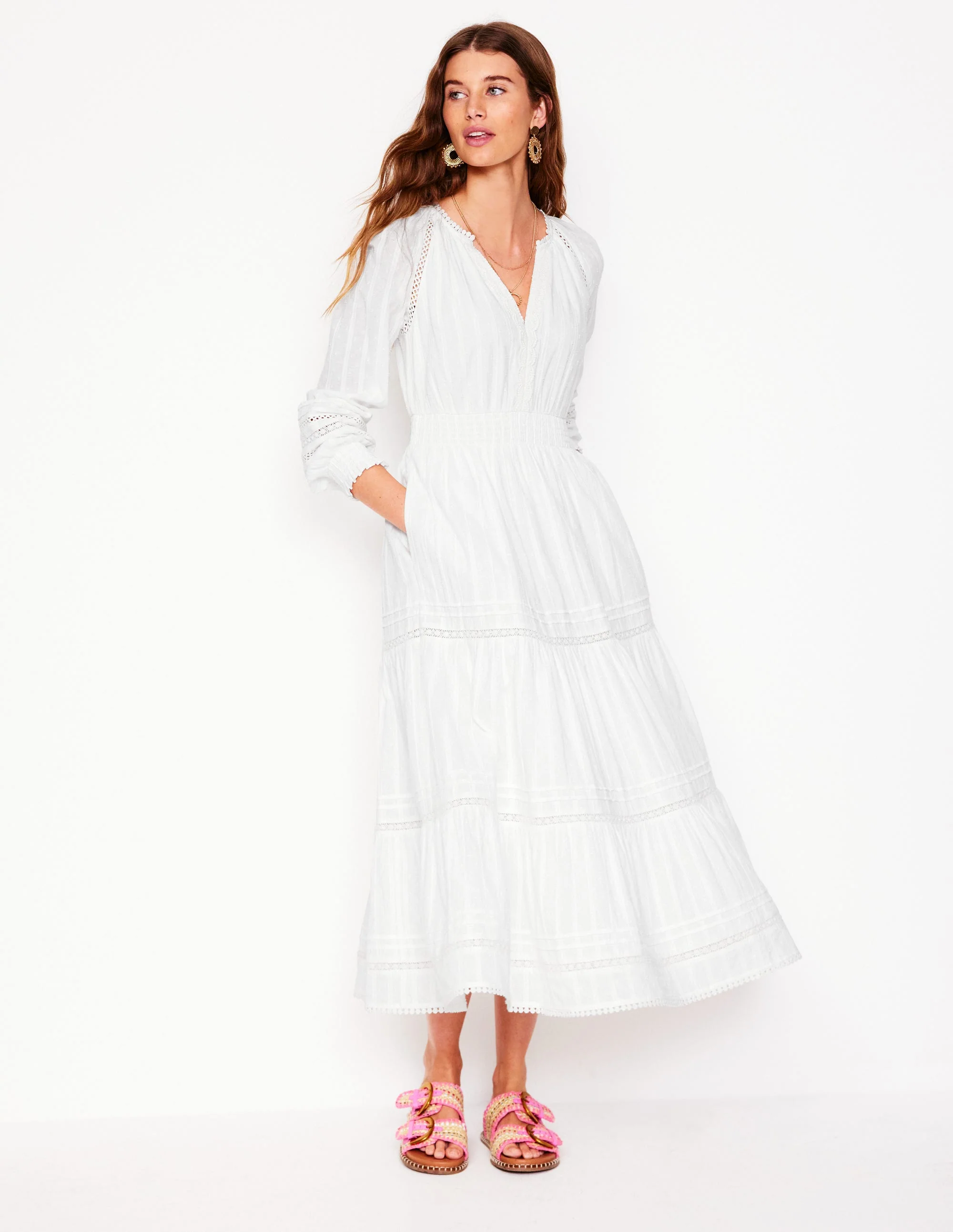Ruffle Smocked Cotton Dress-White - Image 4