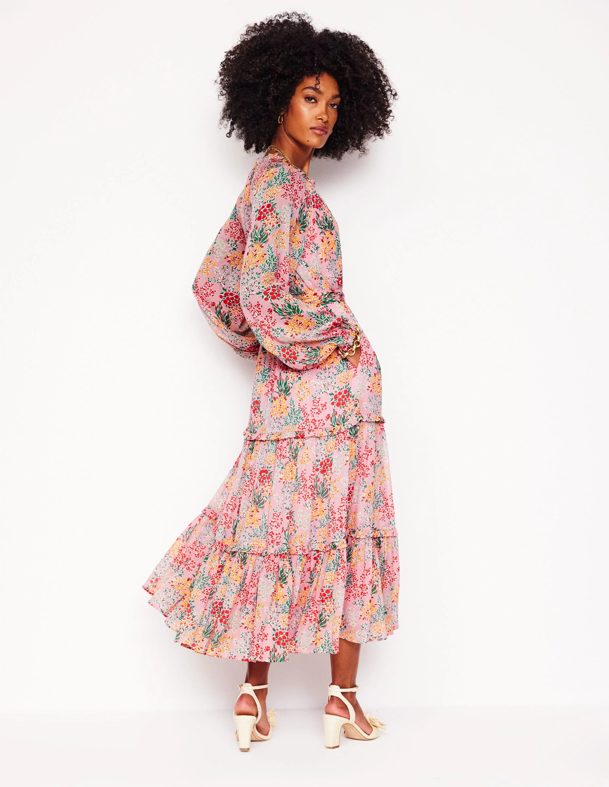 Ruffle Smocked Midi Dress-Almond Pink, Garden Bouquet - Image 4