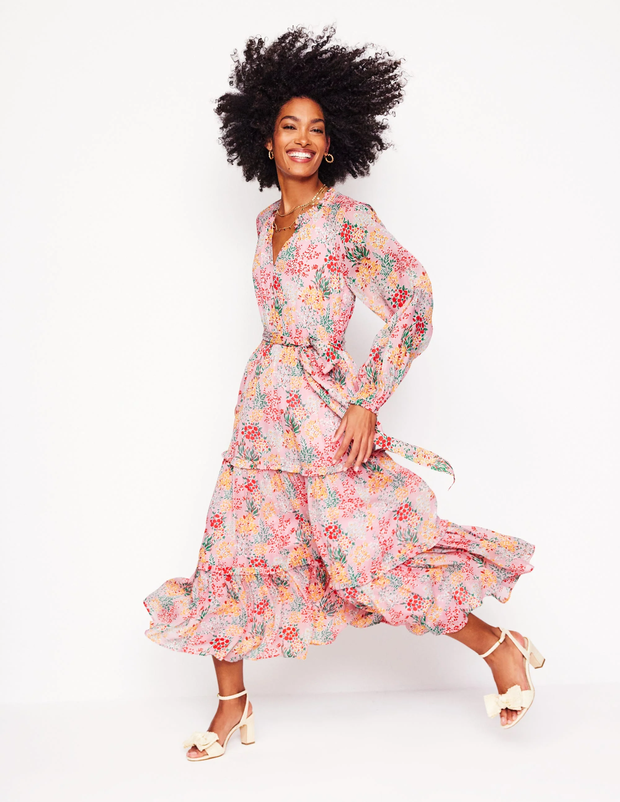 Ruffle Smocked Midi Dress-Almond Pink, Garden Bouquet - Image 5