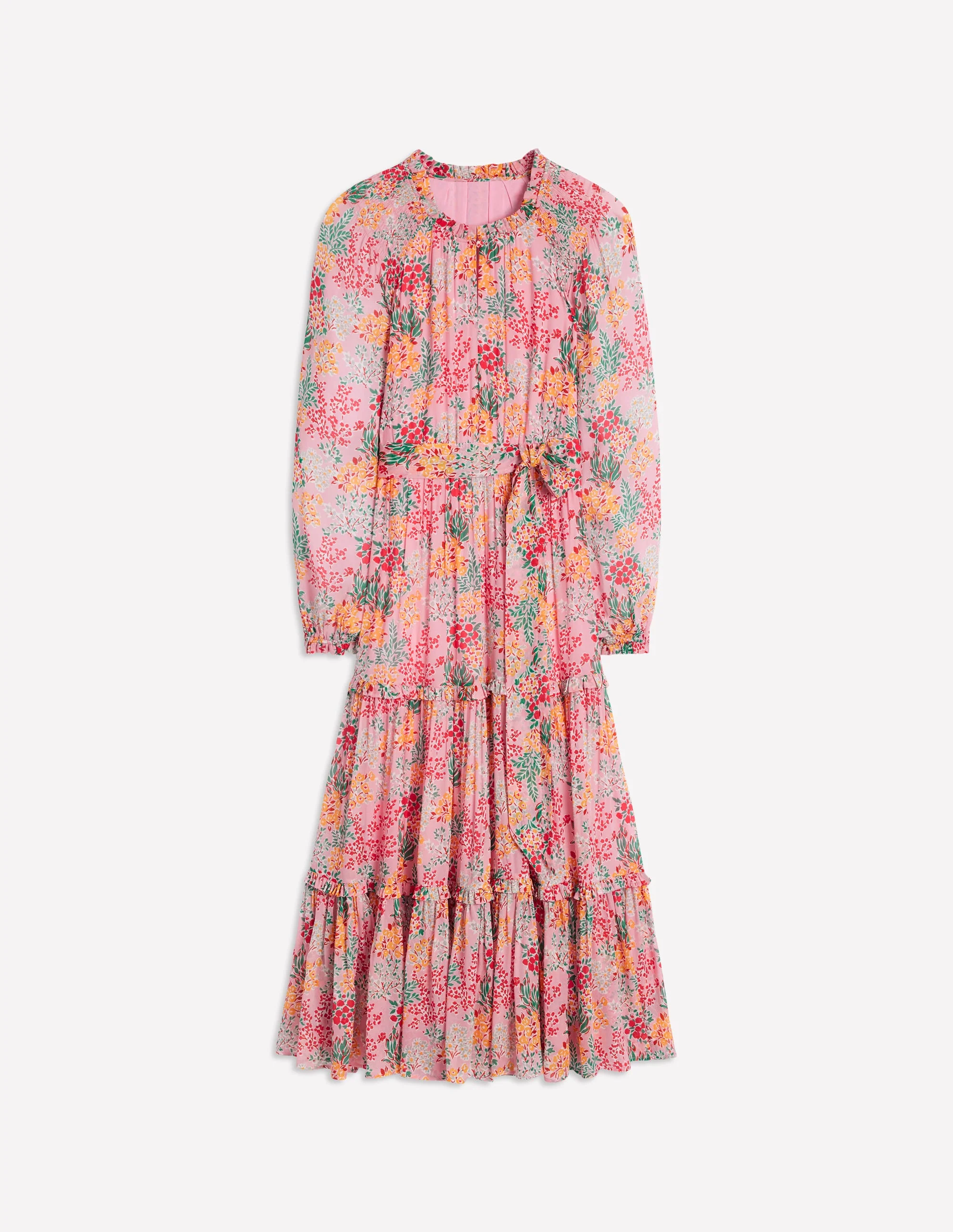 Ruffle Smocked Midi Dress-Almond Pink, Garden Bouquet - Image 6