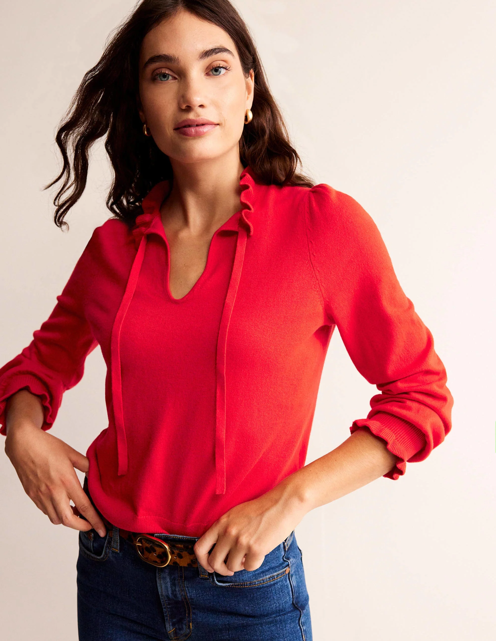Ruffle Tie-Neck Sweater-Brilliant Red