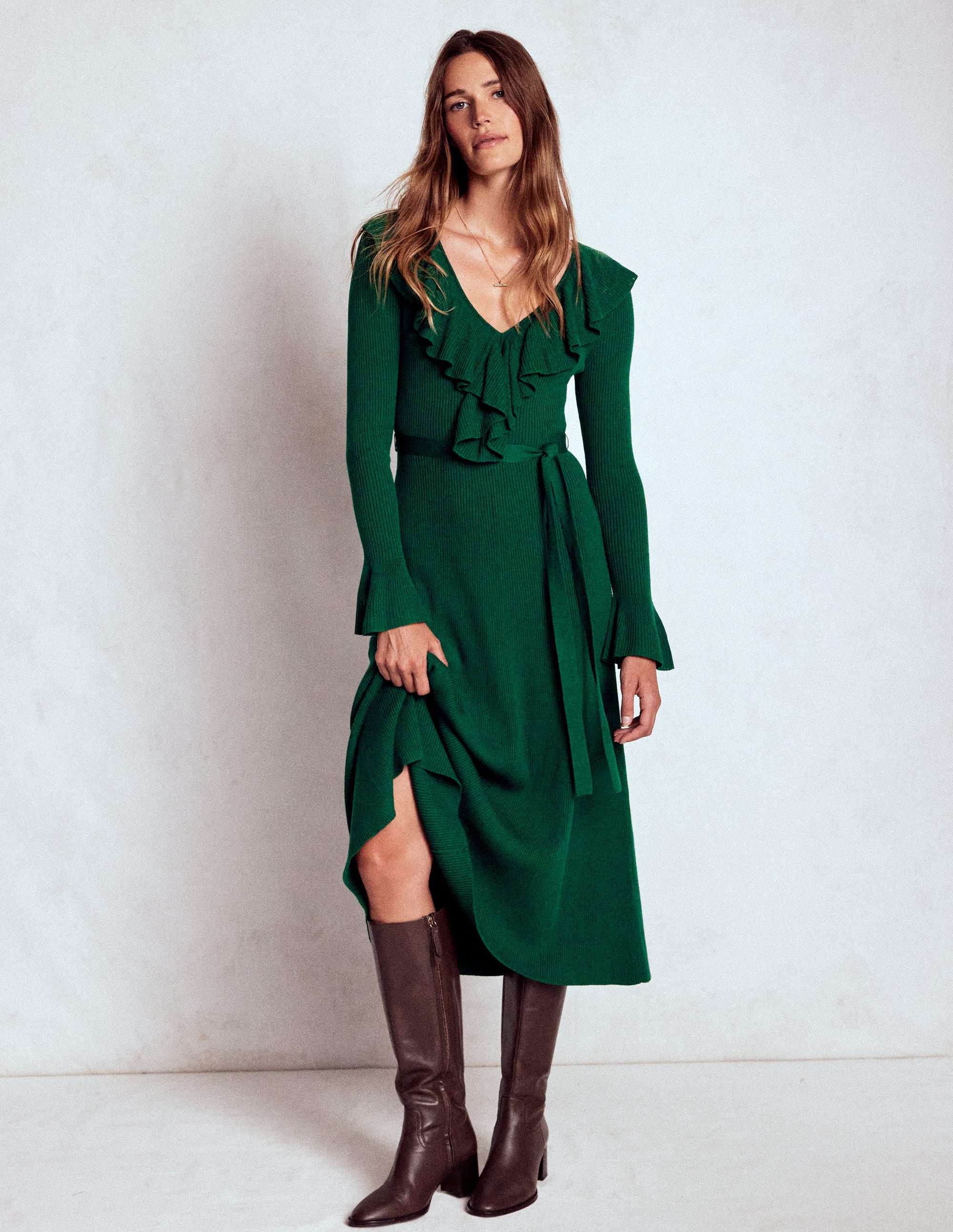 Ruffled Ribbed Dress-Emerald Night - Image 4