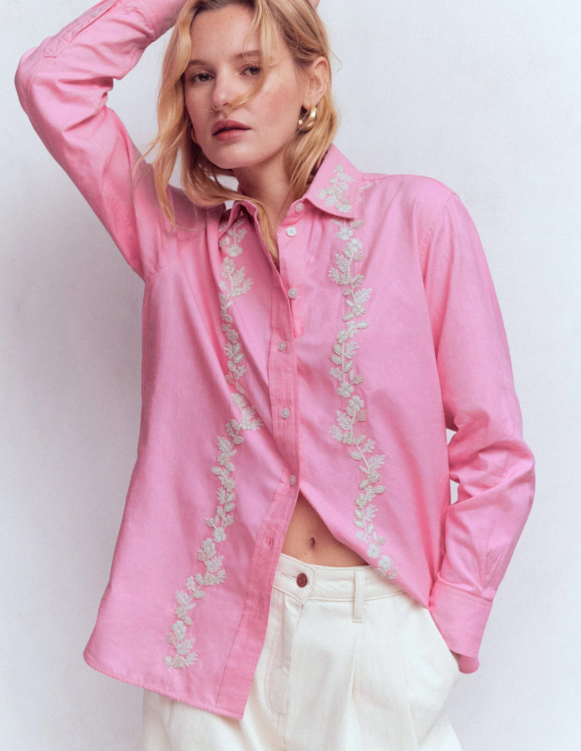 Sadie Relaxed Cotton Shirt-Pink Floral Beaded Oxford - Image 4