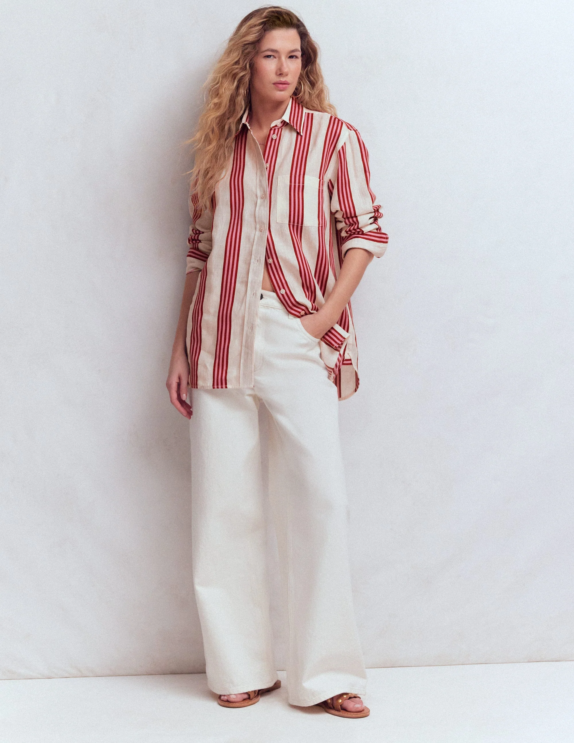 Sadie Relaxed Linen Shirt-Ivory, Brown, Pink Stripe - Image 6
