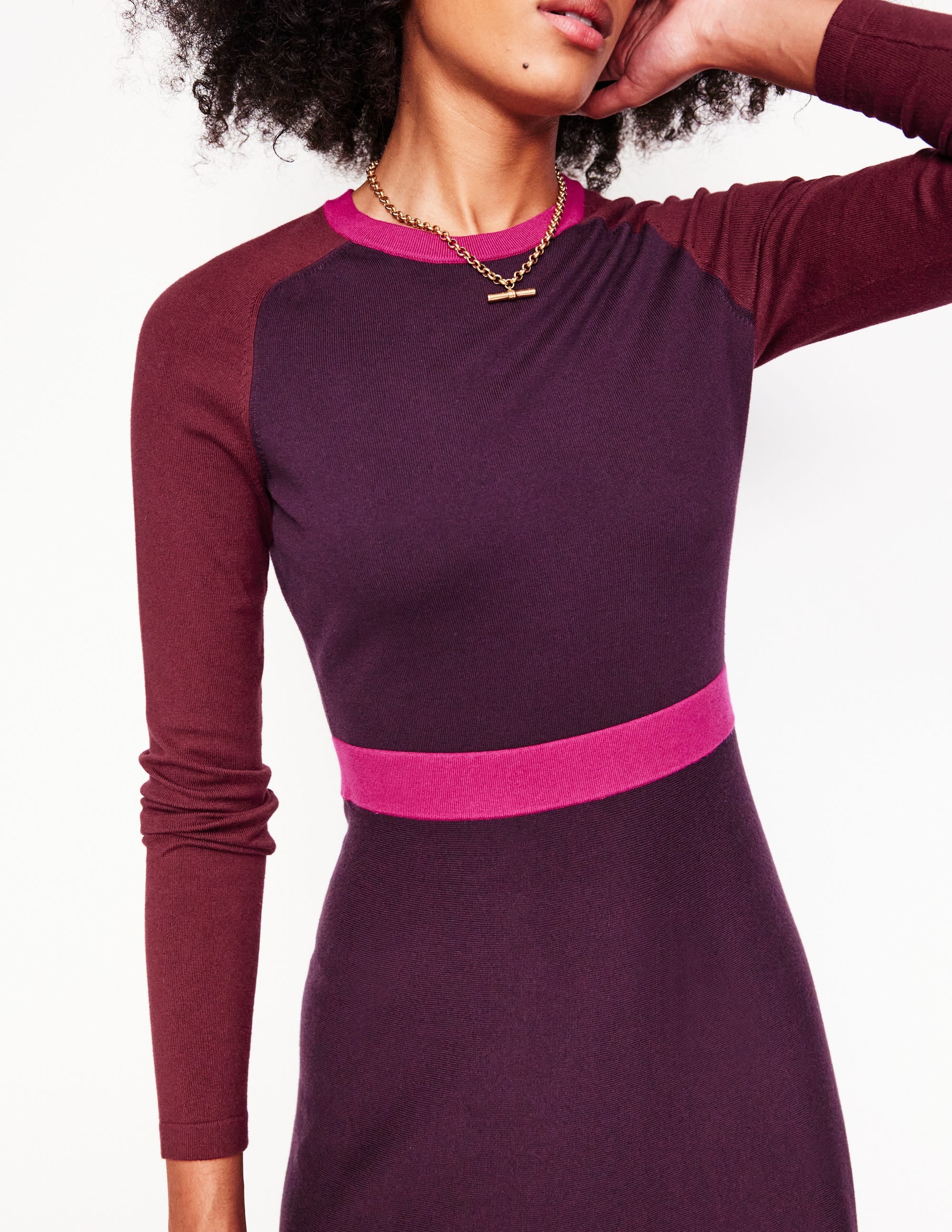 Sam Colourblock Knitted Dress-Aubergine, Maroon Colourblock - Image 2