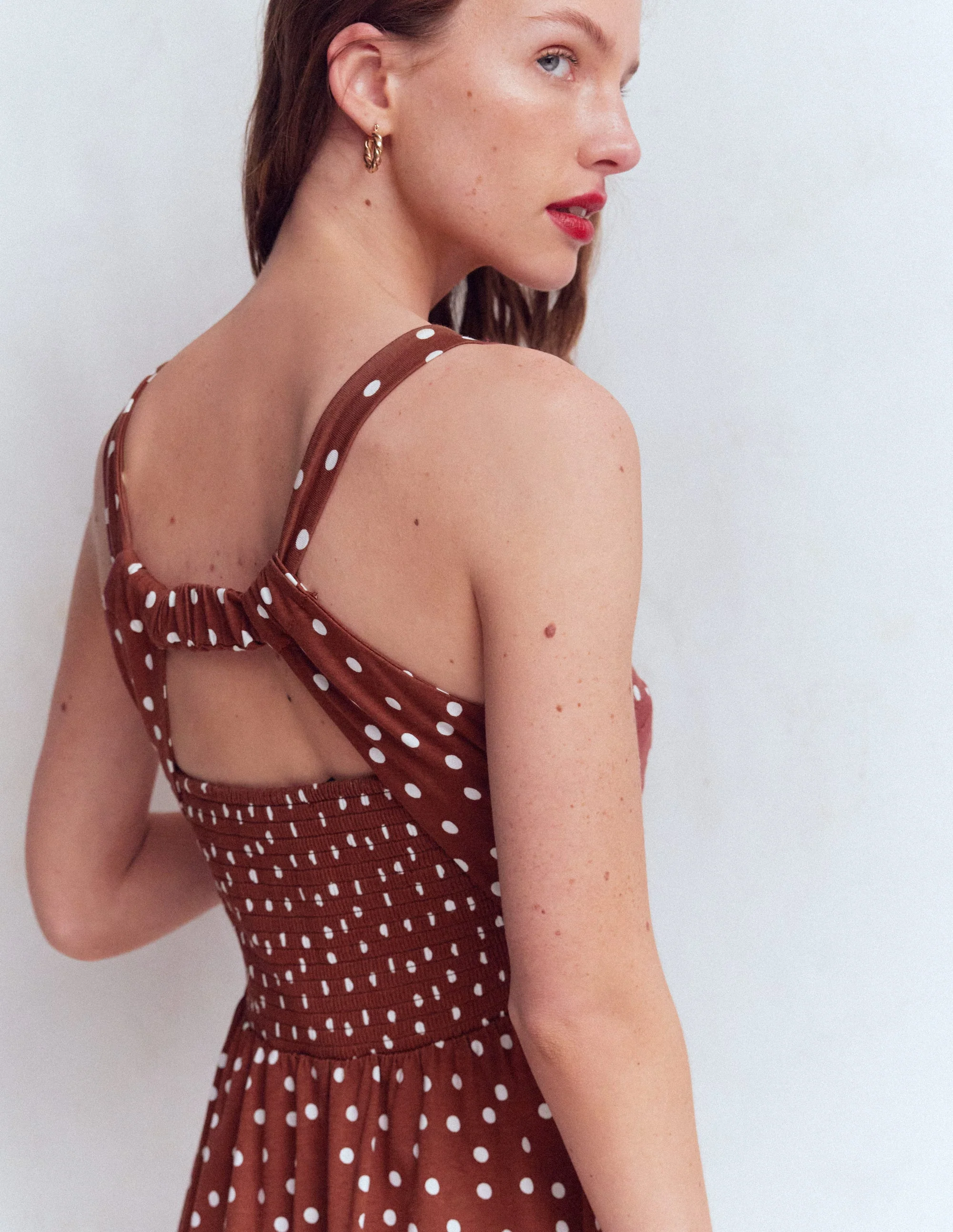 Saoirse Smocked Jersey Dress-Roasted Brown, Painted Dot - Image 2