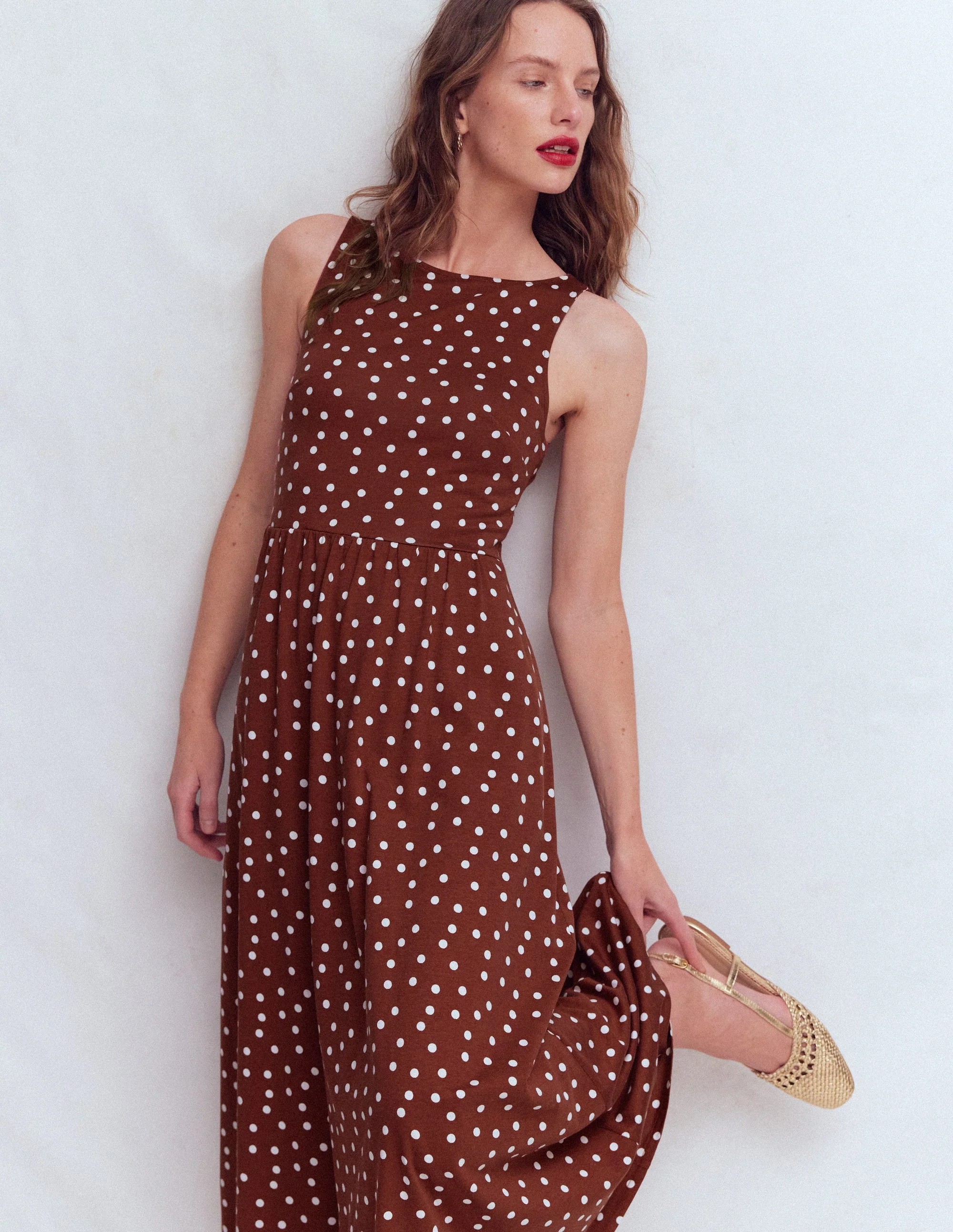 Saoirse Smocked Jersey Dress-Roasted Brown, Painted Dot - Image 4