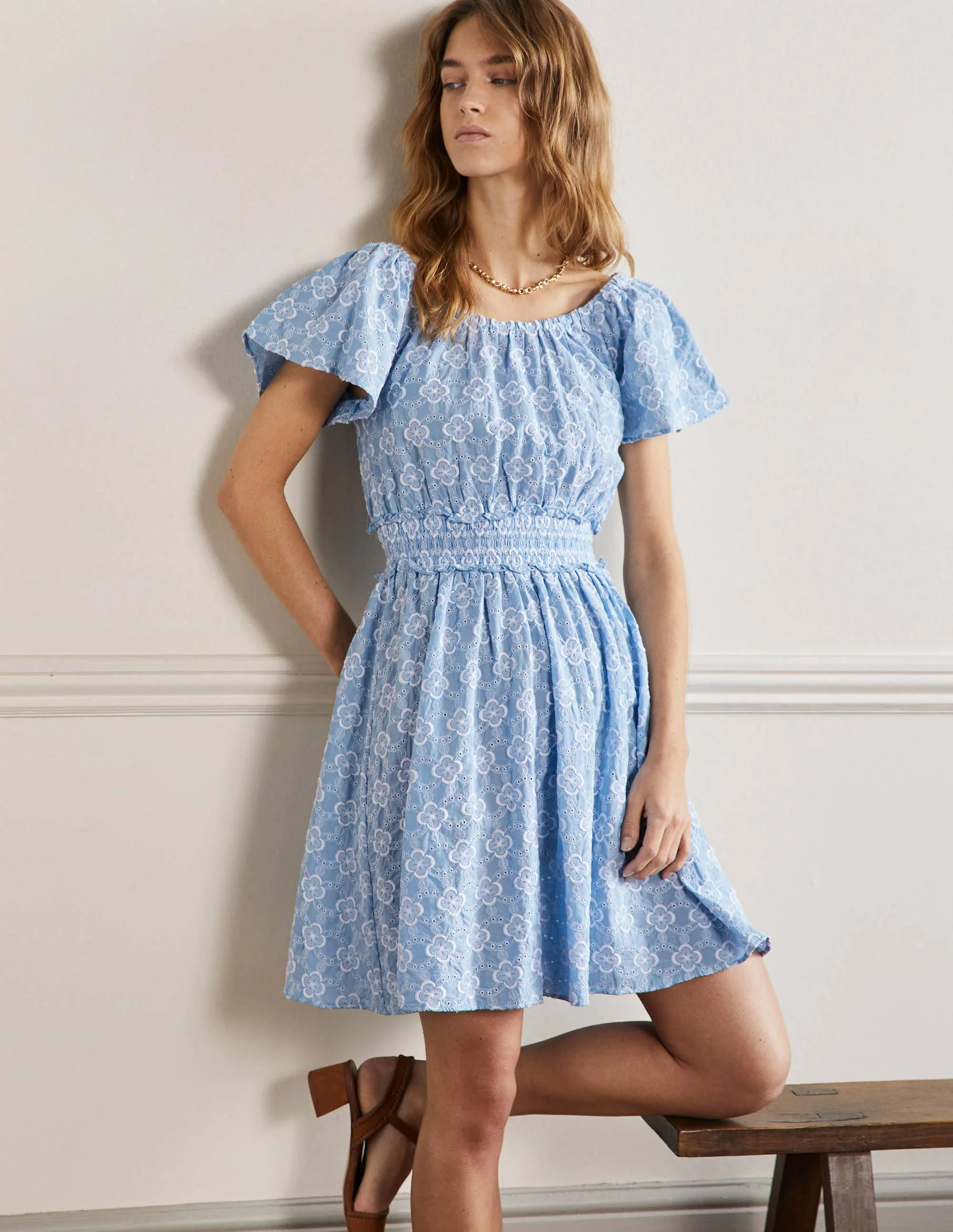 Scoop Neck Embroidered Dress-Blue Geo