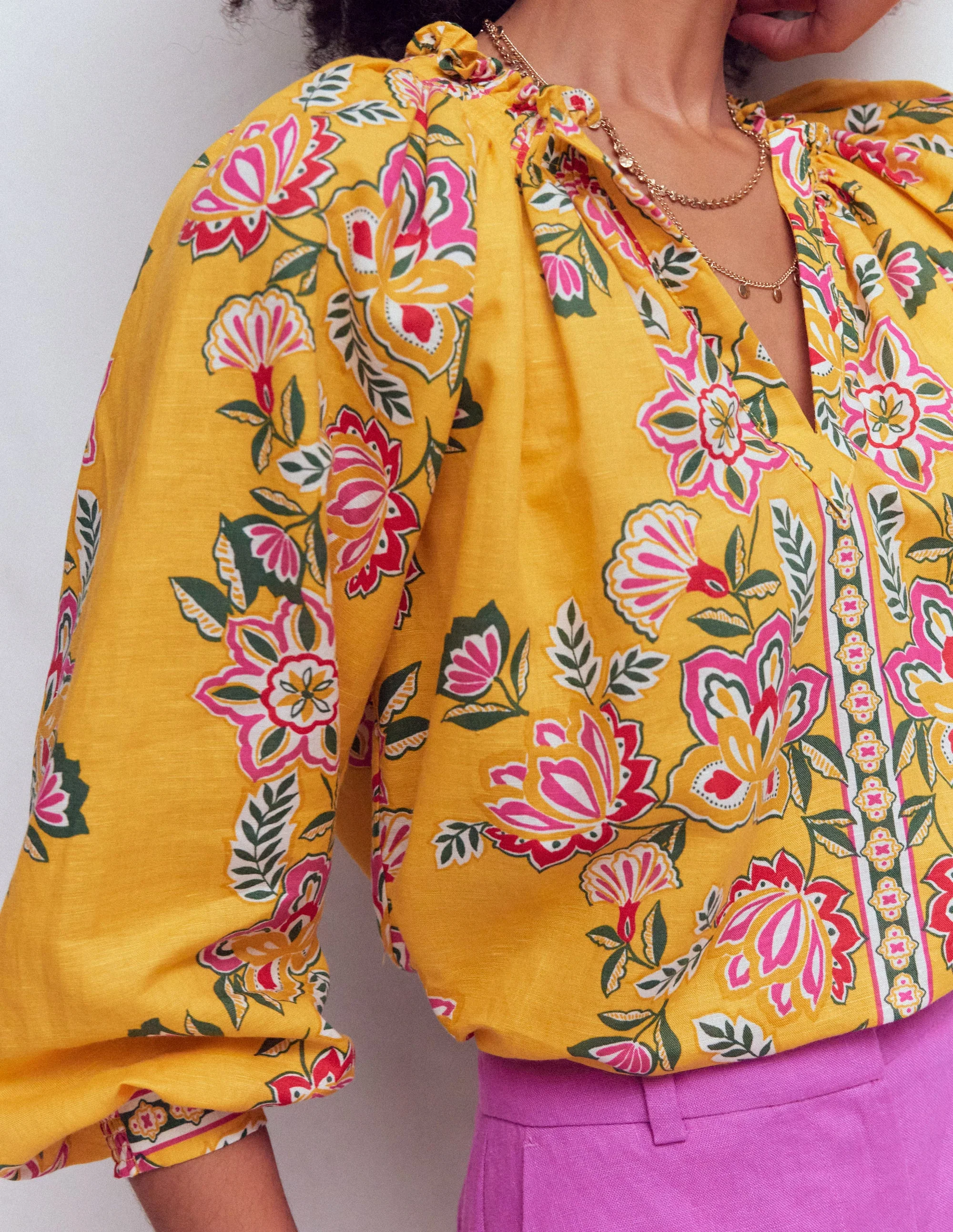 Serena Pleat Neck Linen Top-Marigold, Blossom Elegance - Image 3