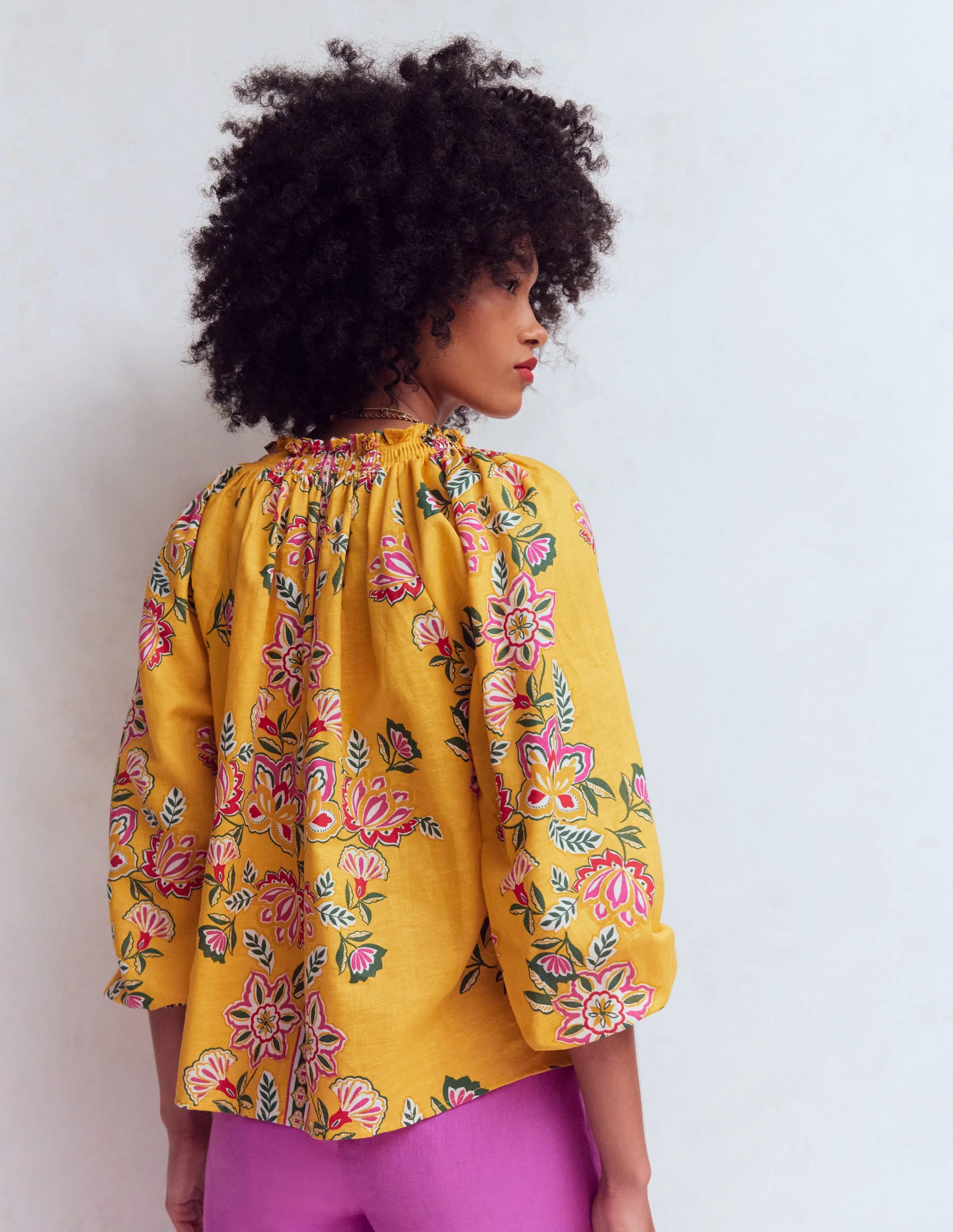 Serena Pleat Neck Linen Top-Marigold, Blossom Elegance - Image 4