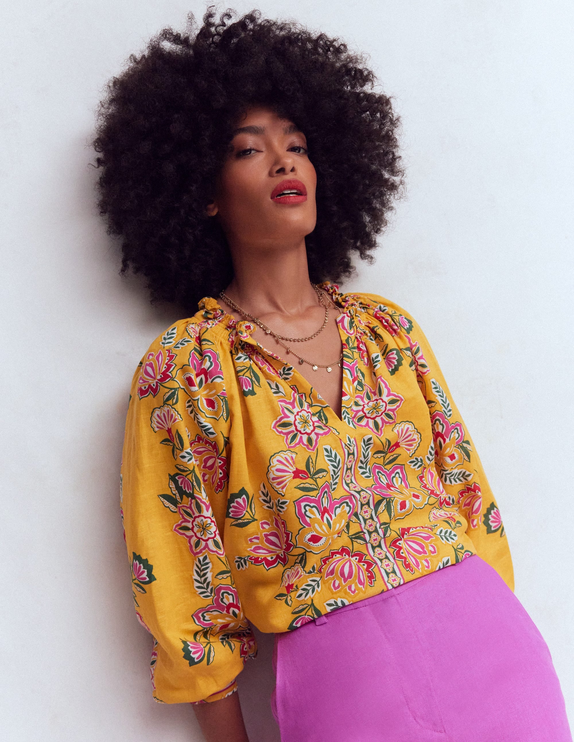 Serena Pleat Neck Linen Top-Marigold, Blossom Elegance - Image 5