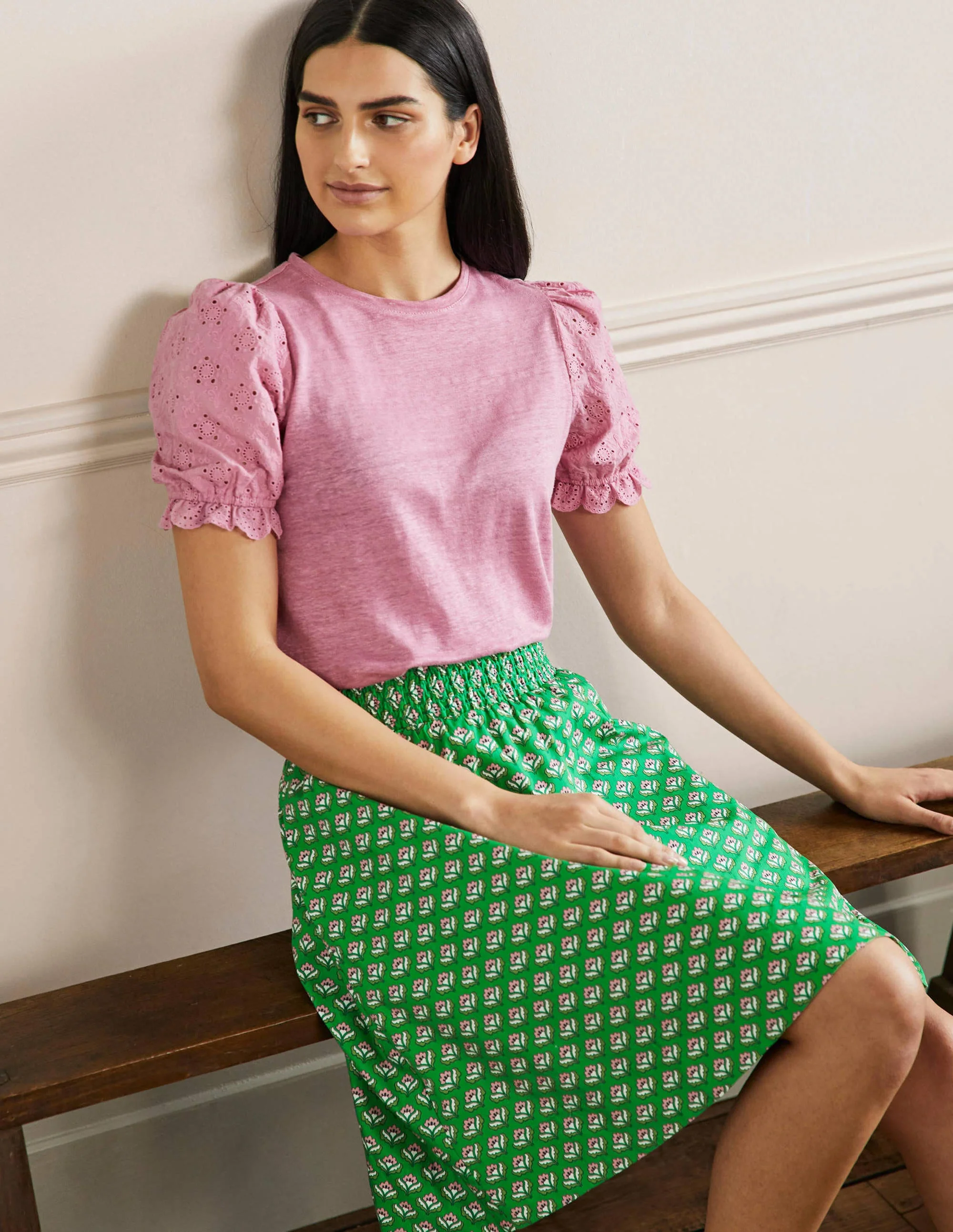 Shirred Waist Cotton Skirt-Green, Oriental Bud - Image 5