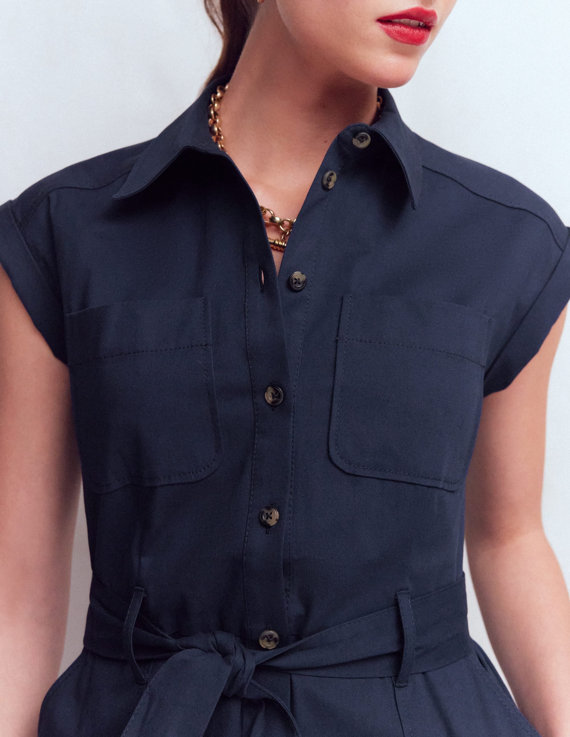 Short Belted Shirt Dress-Navy - Image 2