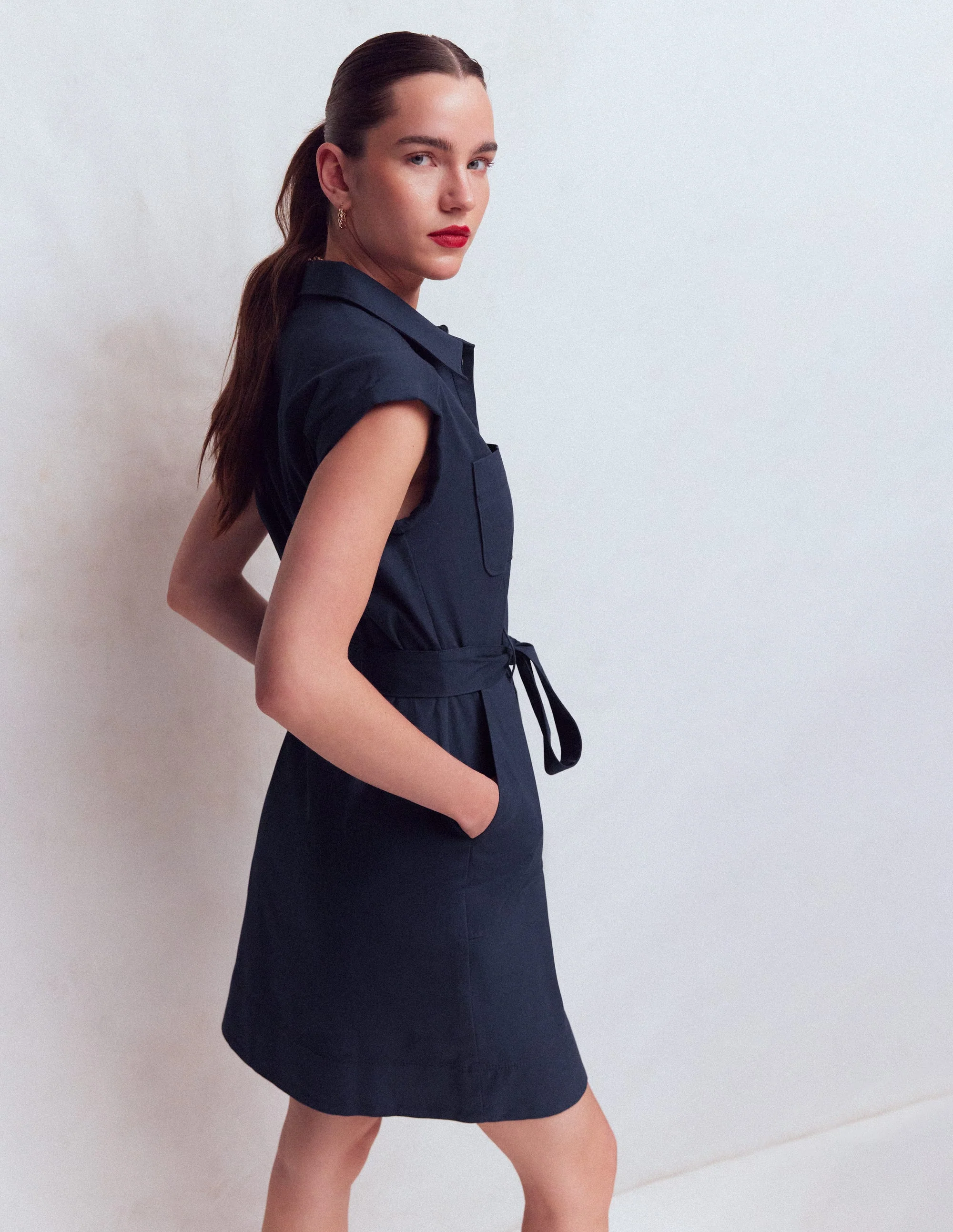 Short Belted Shirt Dress-Navy - Image 3
