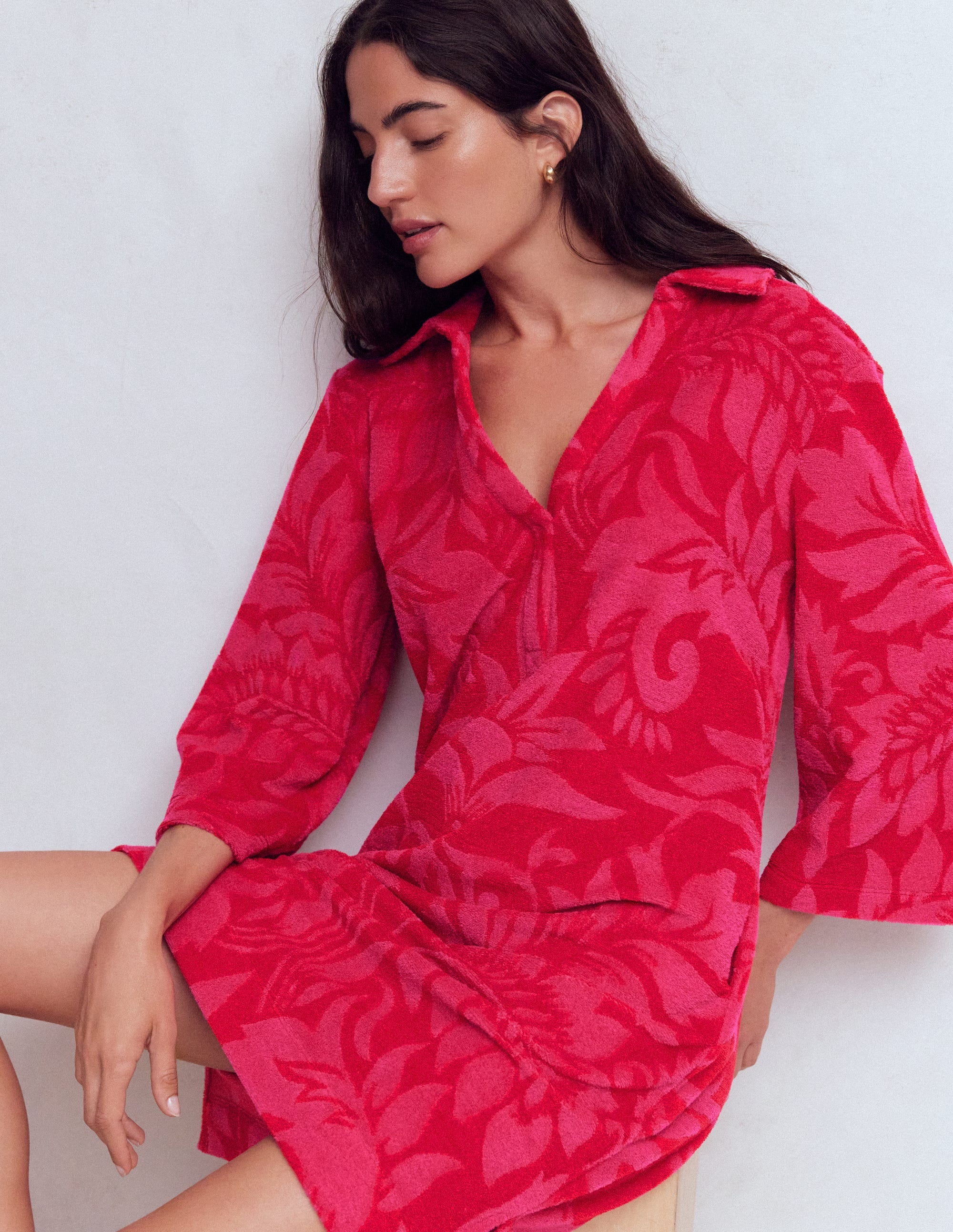 Short Collared Towelling Dress-Merida Red, Ornamental Foliage - Image 2
