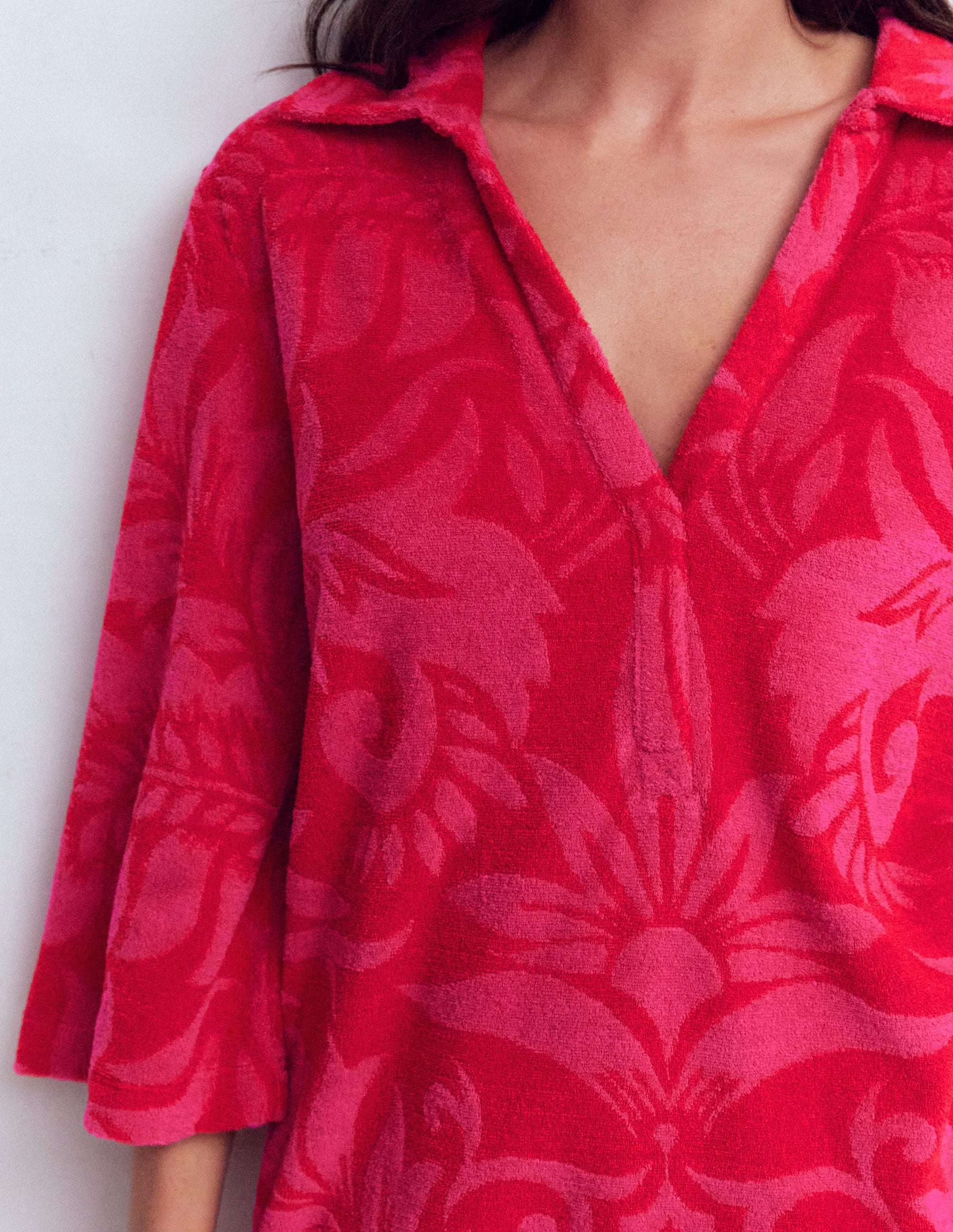 Short Collared Towelling Dress-Merida Red, Ornamental Foliage - Image 3