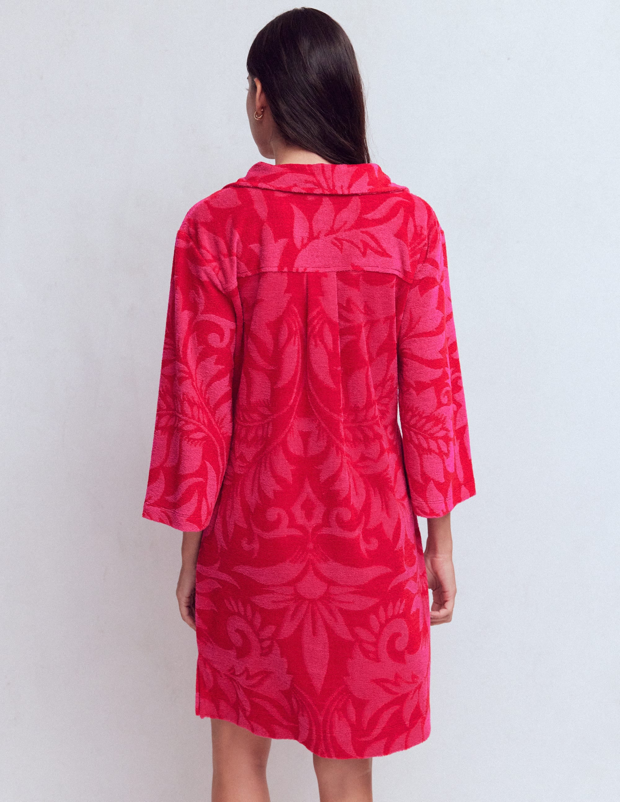 Short Collared Towelling Dress-Merida Red, Ornamental Foliage - Image 4