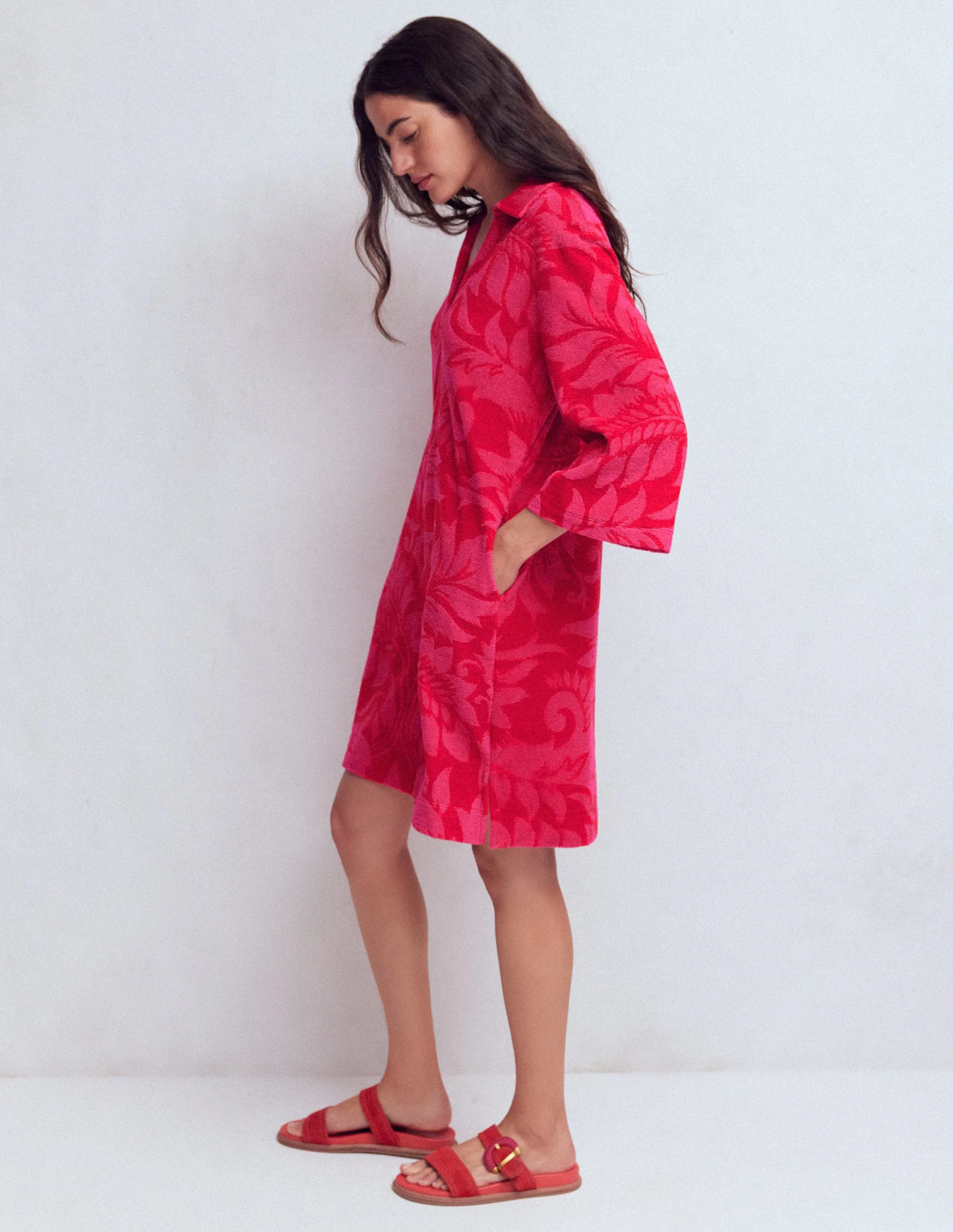 Short Collared Towelling Dress-Merida Red, Ornamental Foliage - Image 5