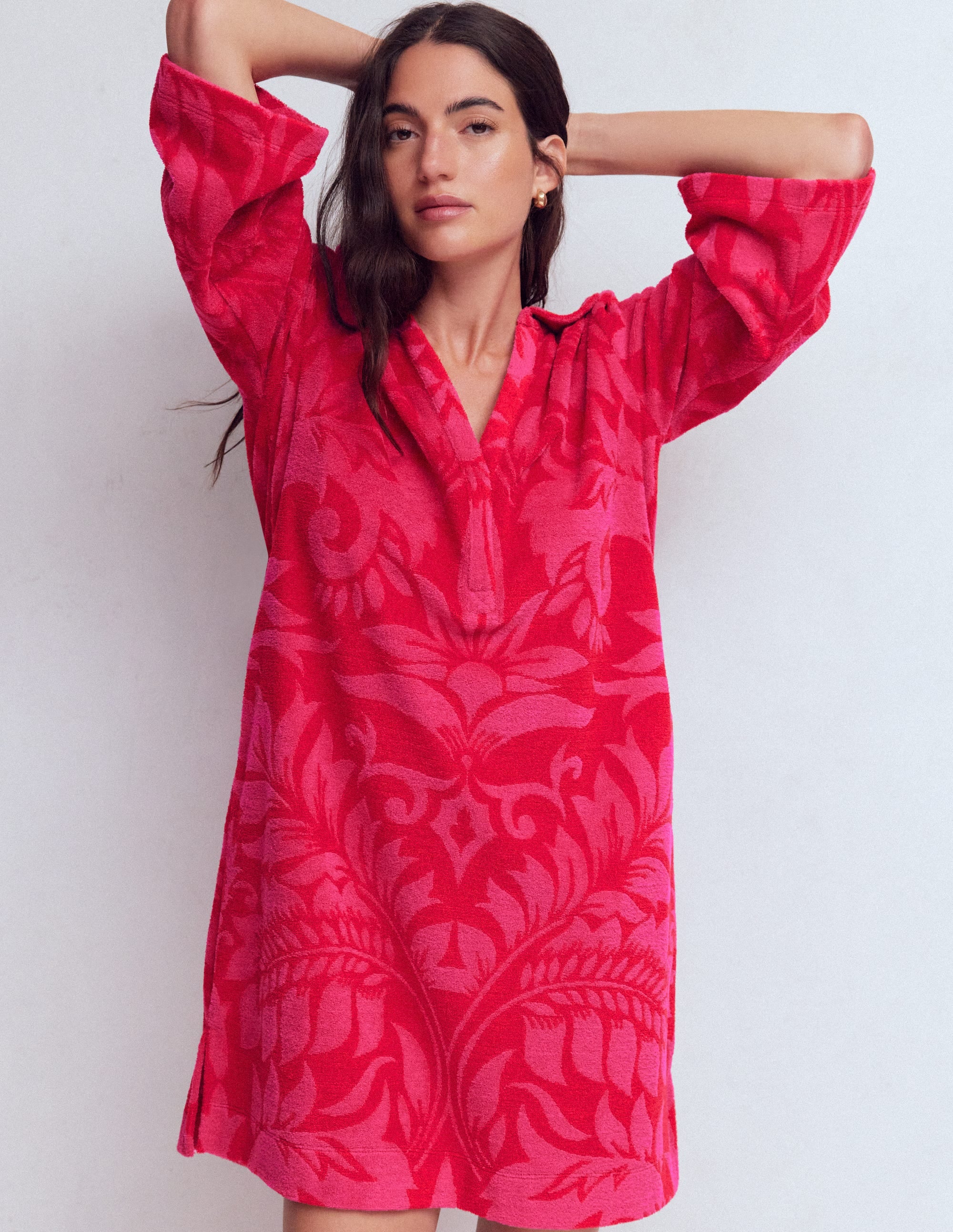 Short Collared Towelling Dress-Merida Red, Ornamental Foliage - Image 6