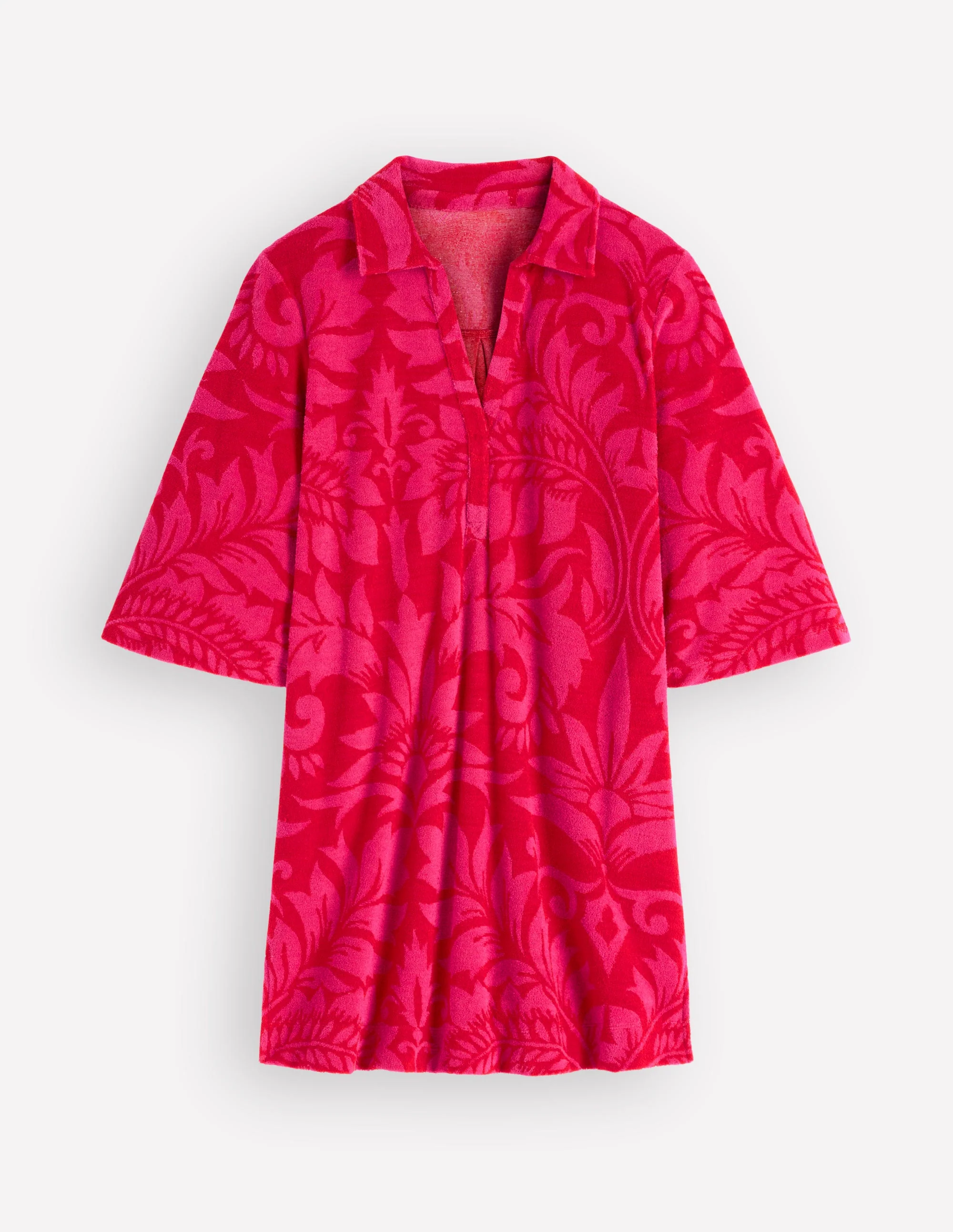 Short Collared Towelling Dress-Merida Red, Ornamental Foliage - Image 7