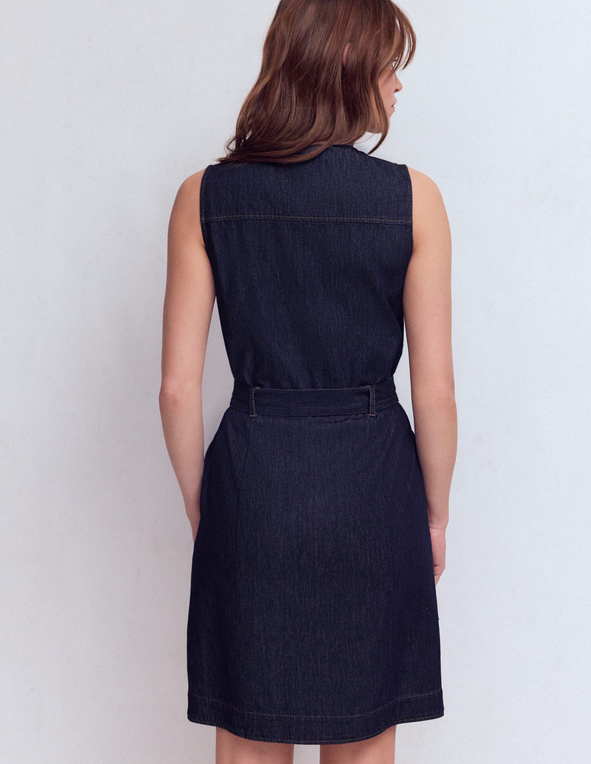 Short Gold Button Denim Dress-Indigo - Image 3