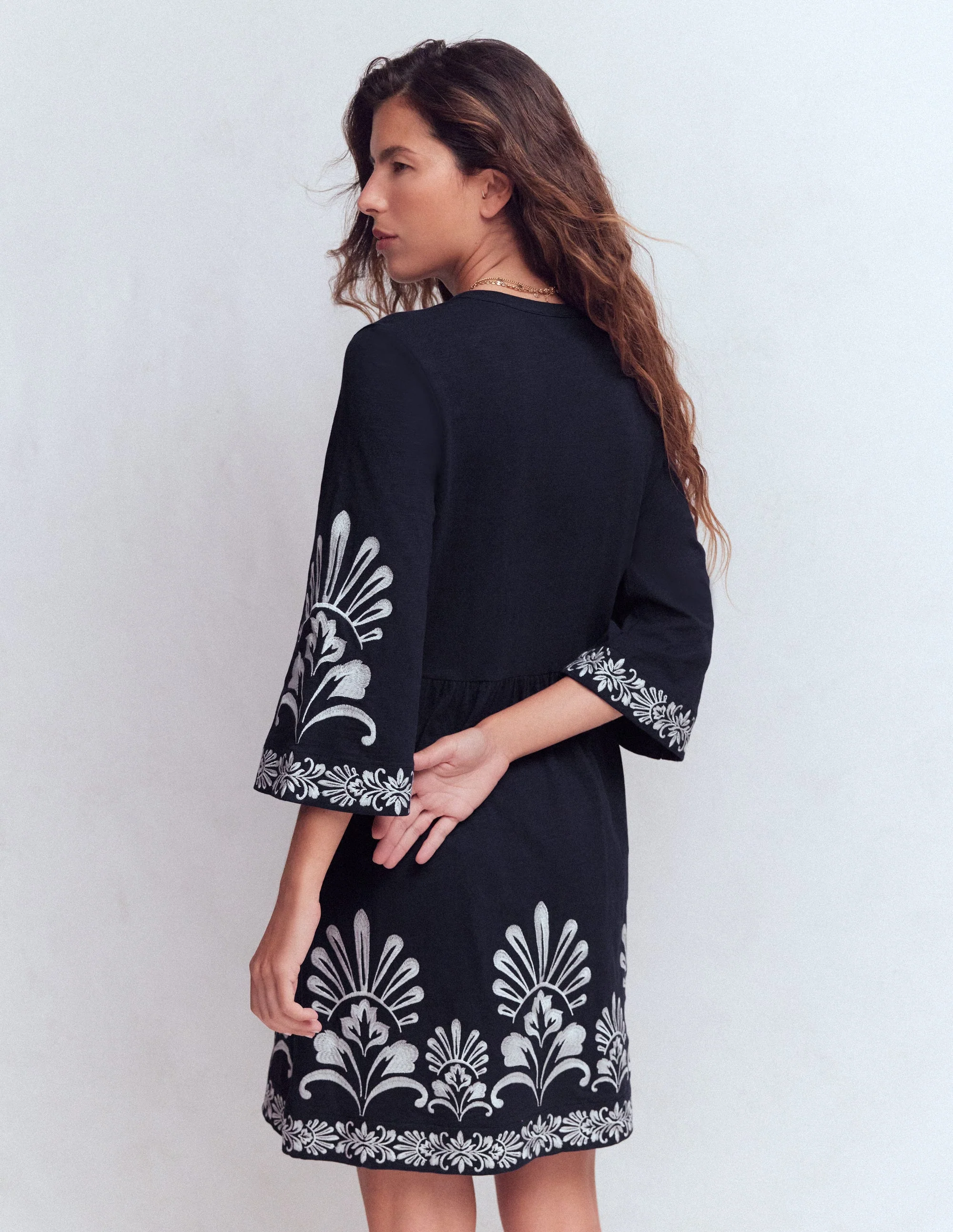 Short Kaftan Jersey Dress-Navy Embroidered - Image 3