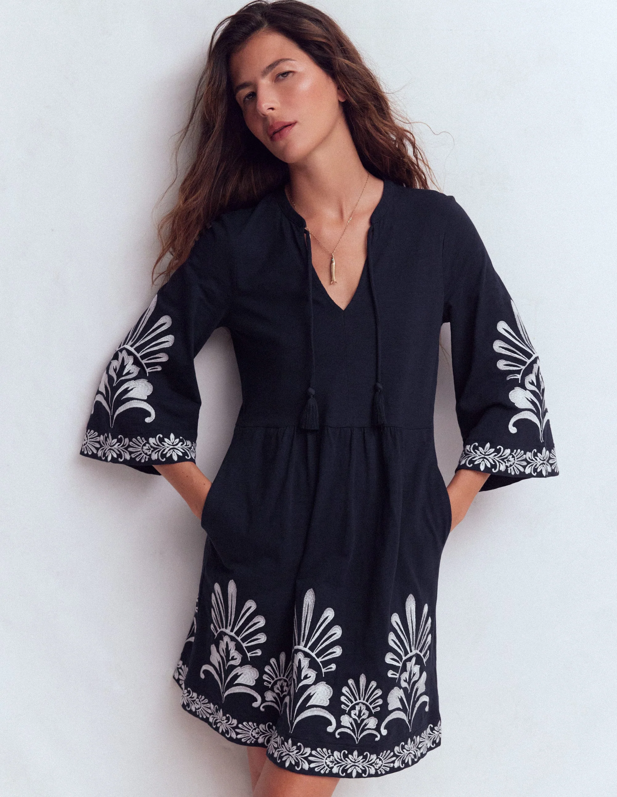 Short Kaftan Jersey Dress-Navy Embroidered - Image 4