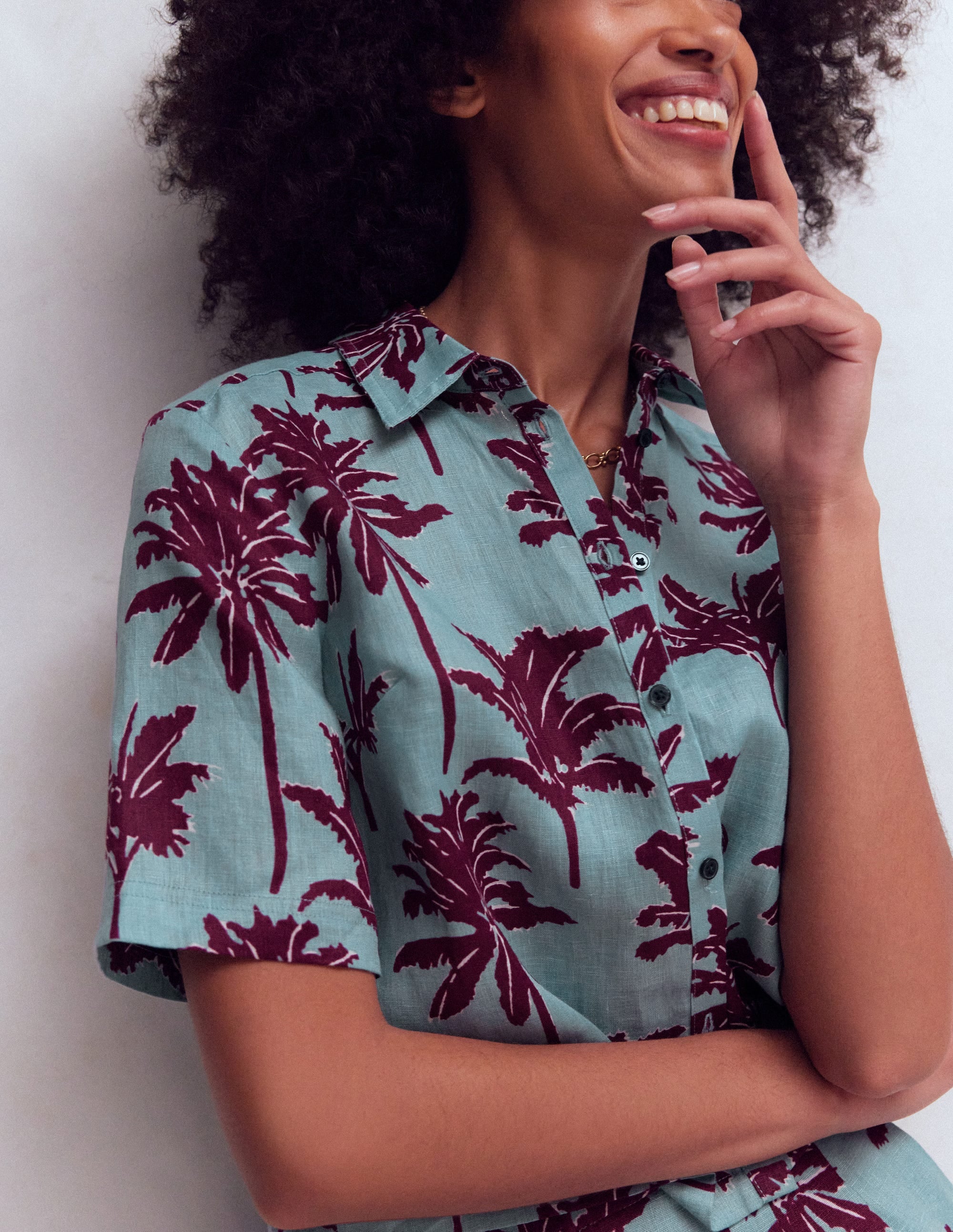 Short Sleeve Linen Shirt-Seamist Blue, Palm Paradise - Image 3
