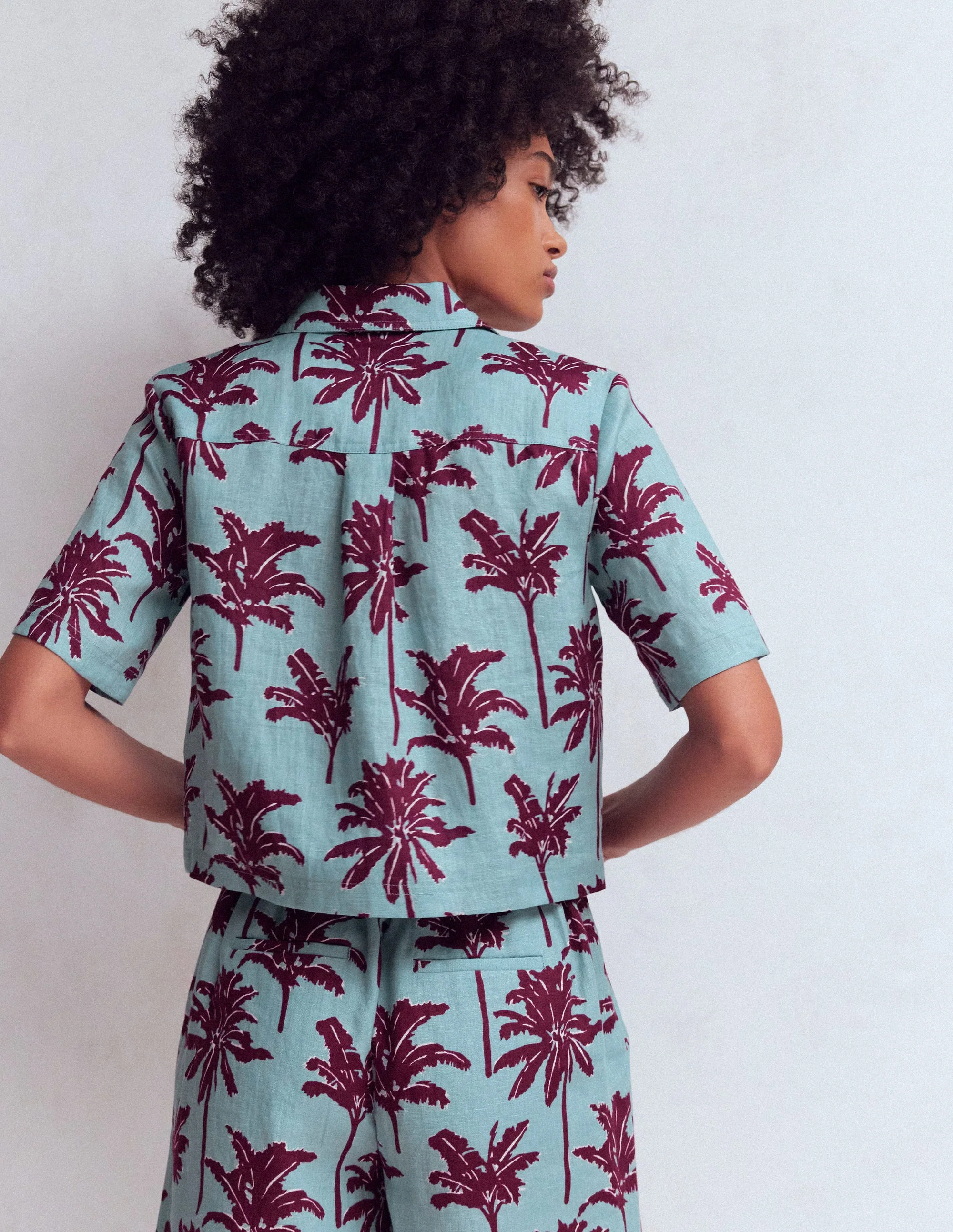 Short Sleeve Linen Shirt-Seamist Blue, Palm Paradise - Image 4