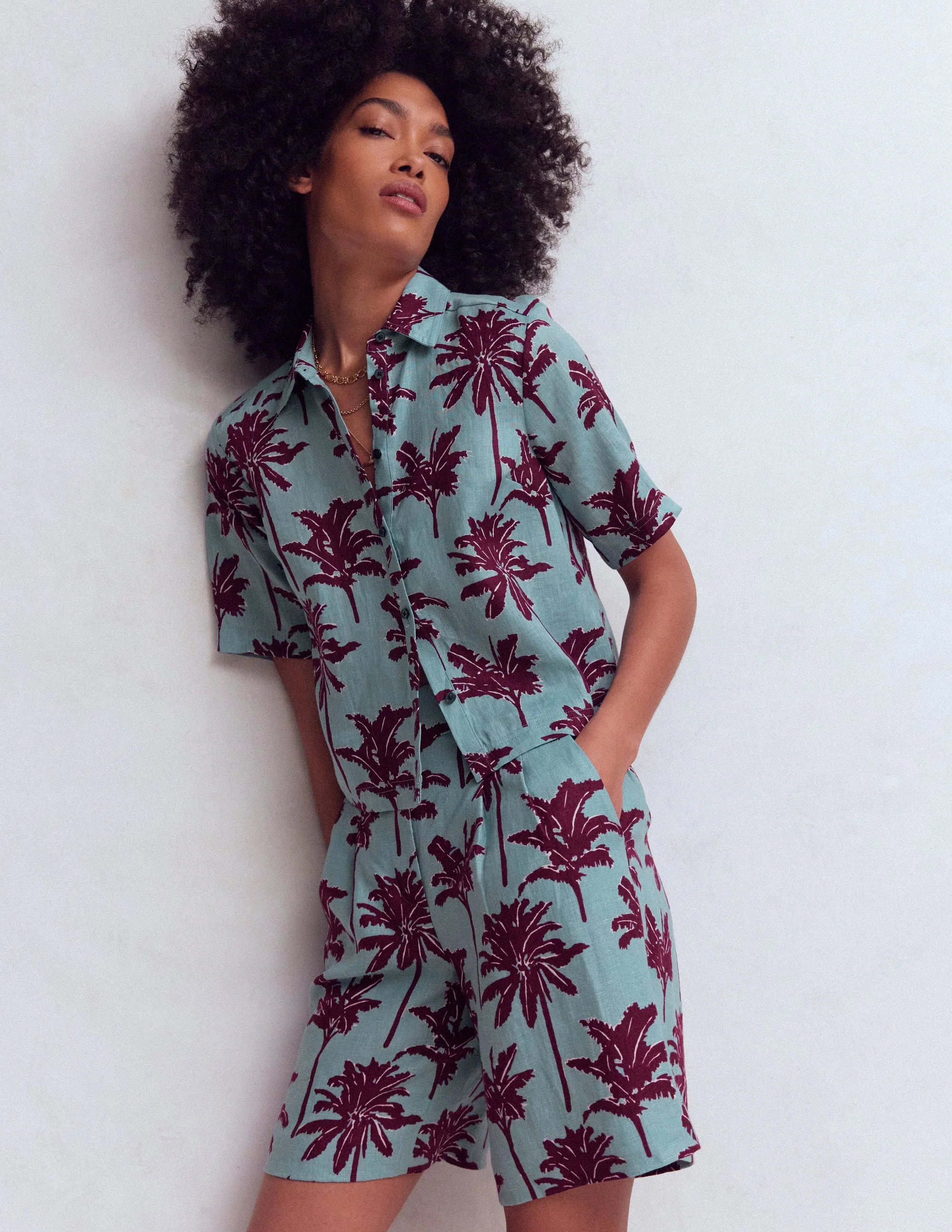 Short Sleeve Linen Shirt-Seamist Blue, Palm Paradise - Image 5