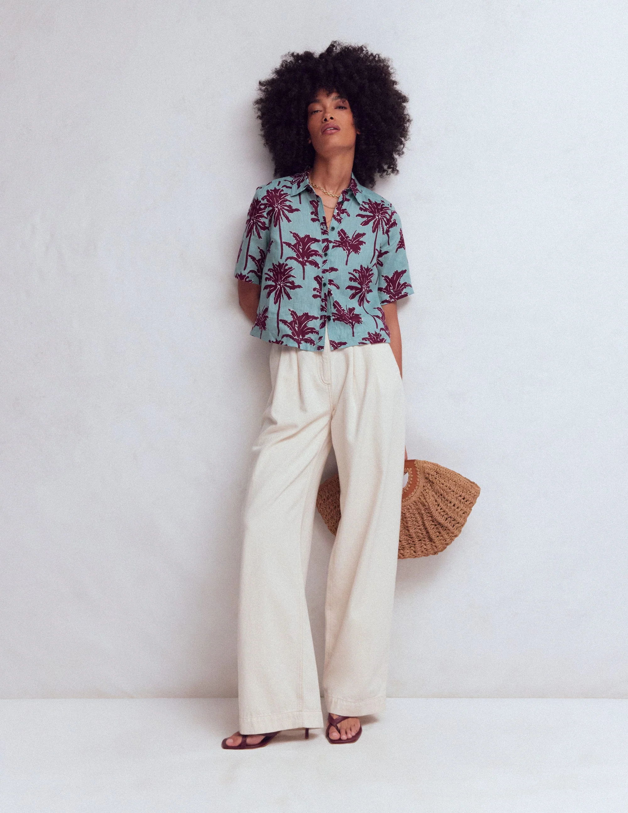 Short Sleeve Linen Shirt-Seamist Blue, Palm Paradise - Image 6
