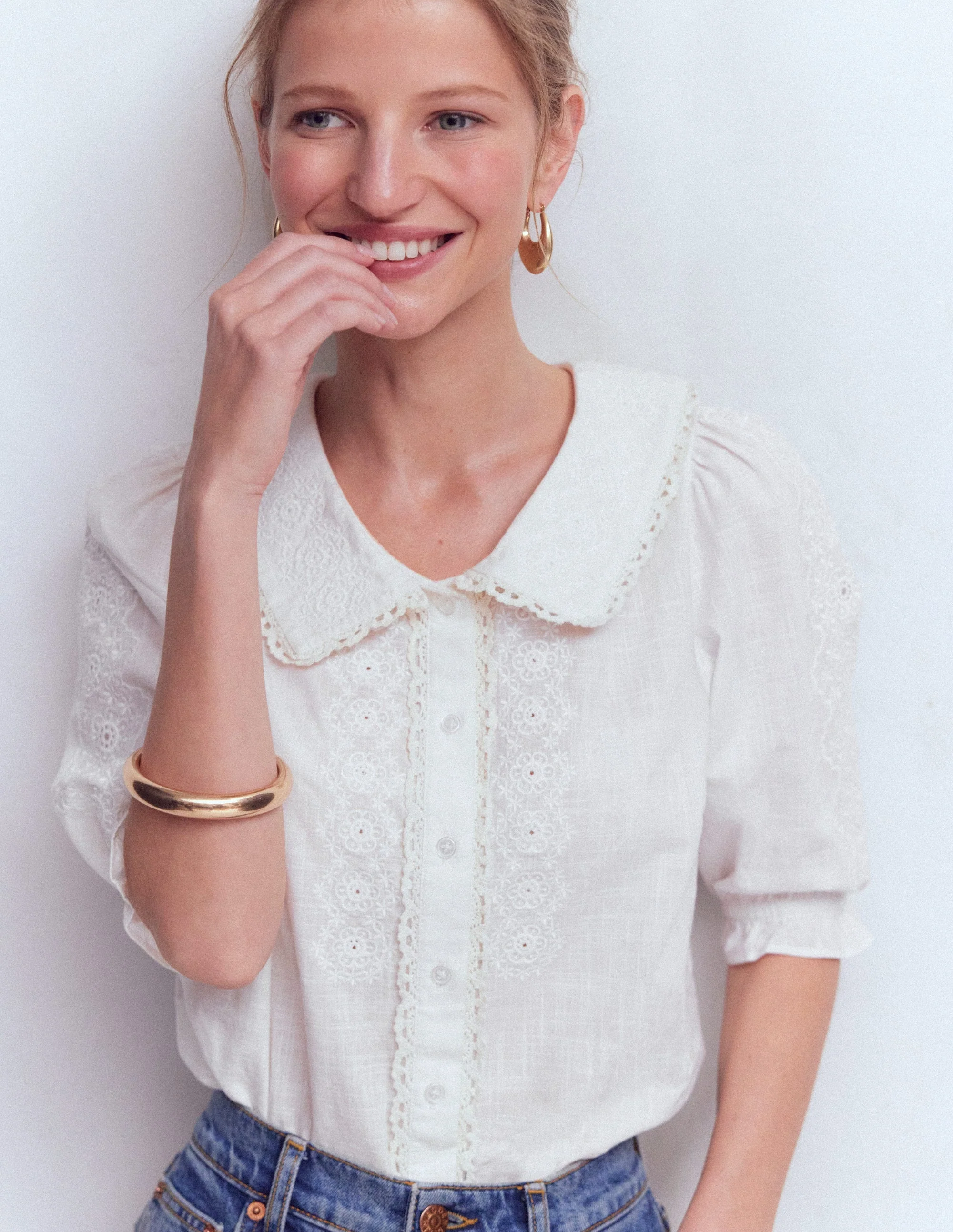 Short Sleeve Pretty Collar Top-White - Image 4