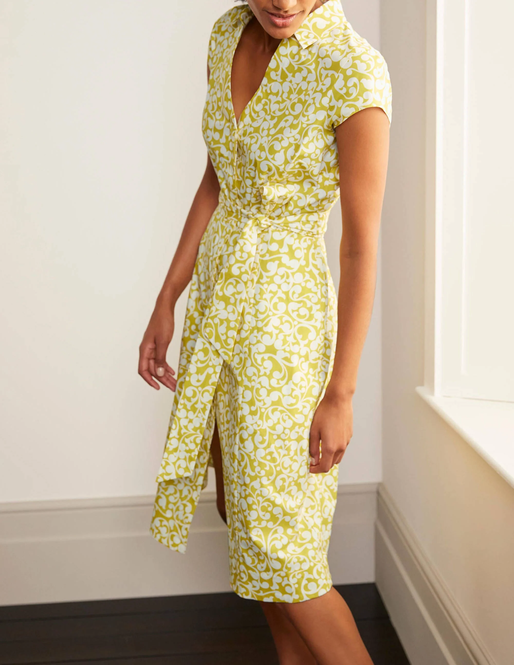Short Sleeve Shirt Dress-Chartreuse, Vine Swirl