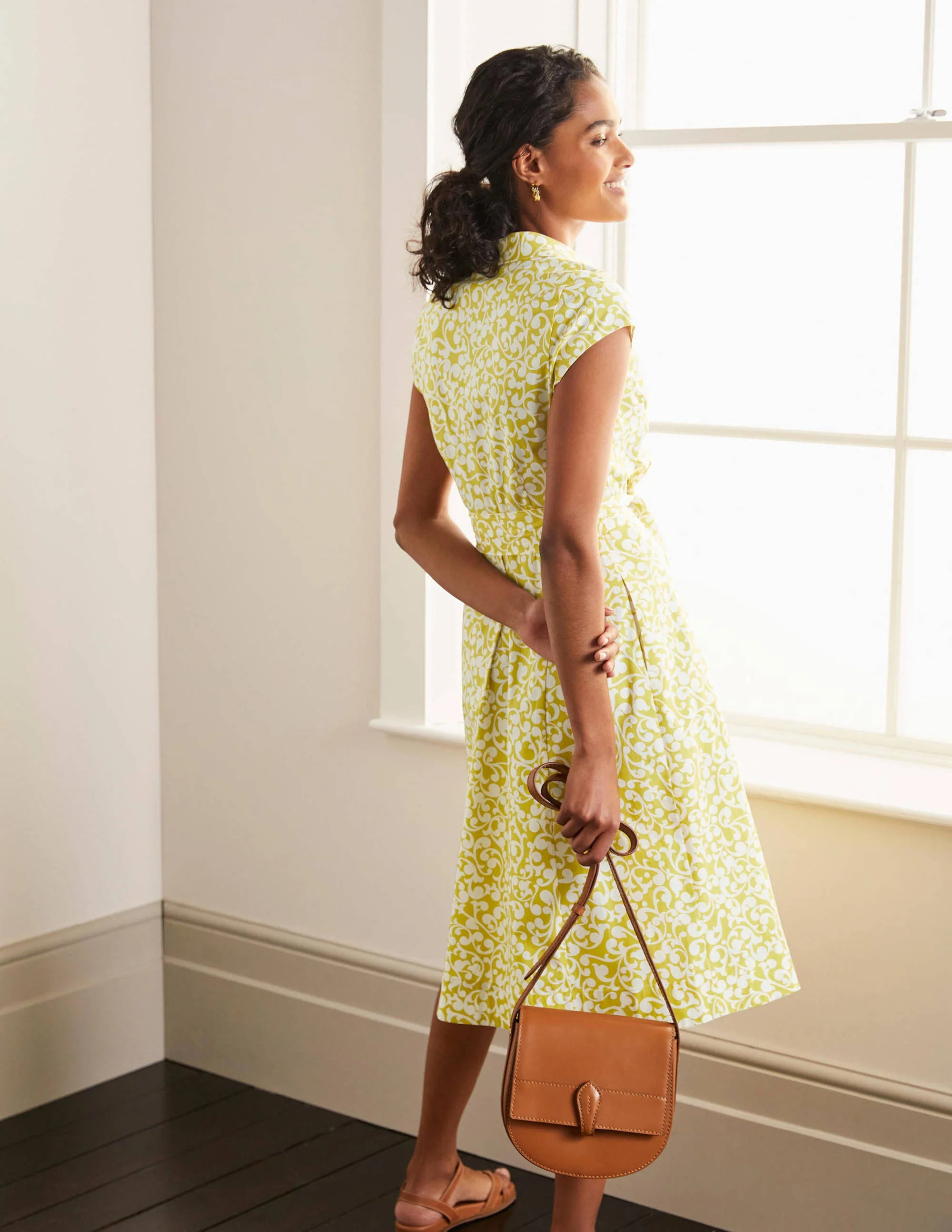Short Sleeve Shirt Dress-Chartreuse, Vine Swirl - Image 3