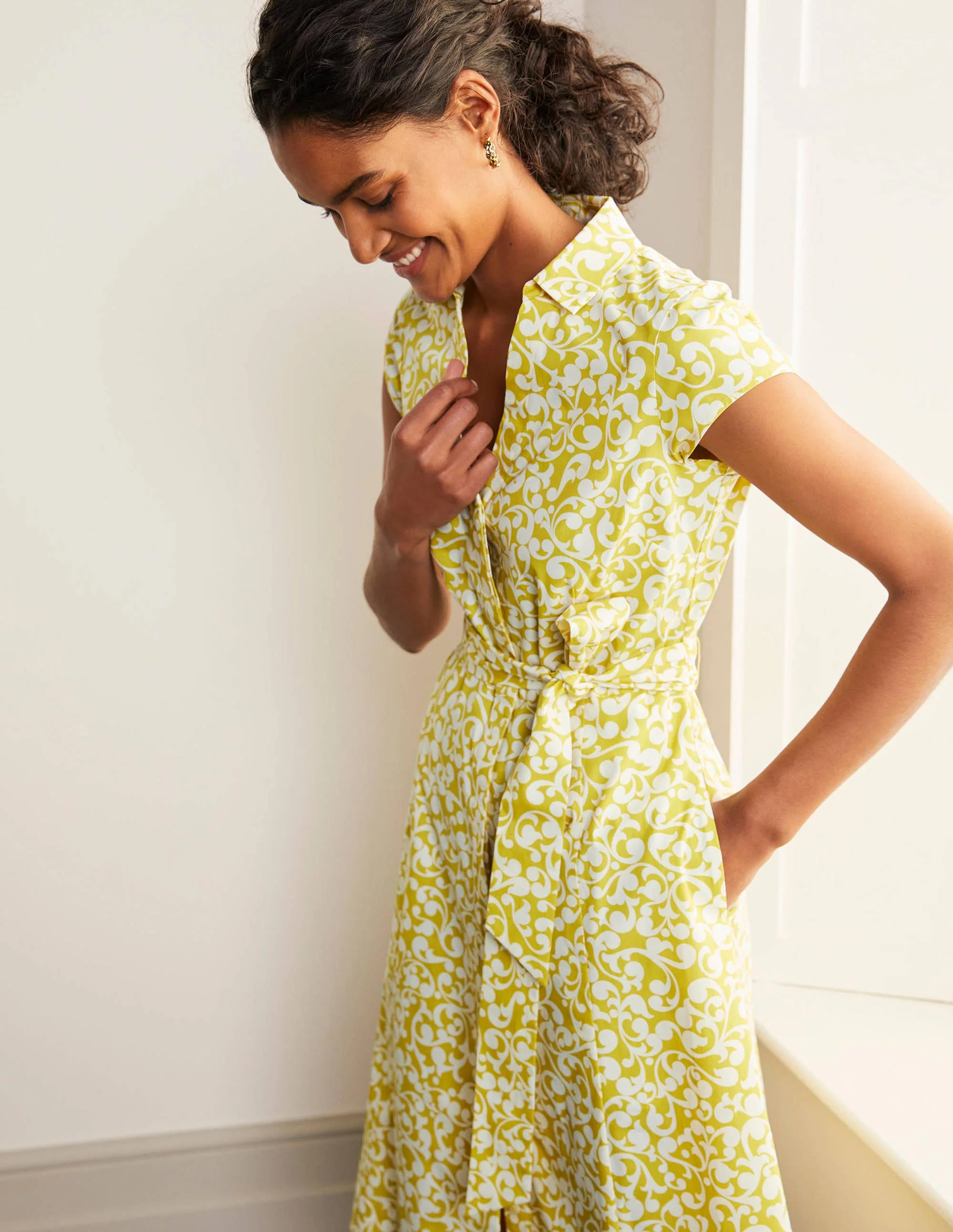 Short Sleeve Shirt Dress-Chartreuse, Vine Swirl - Image 4