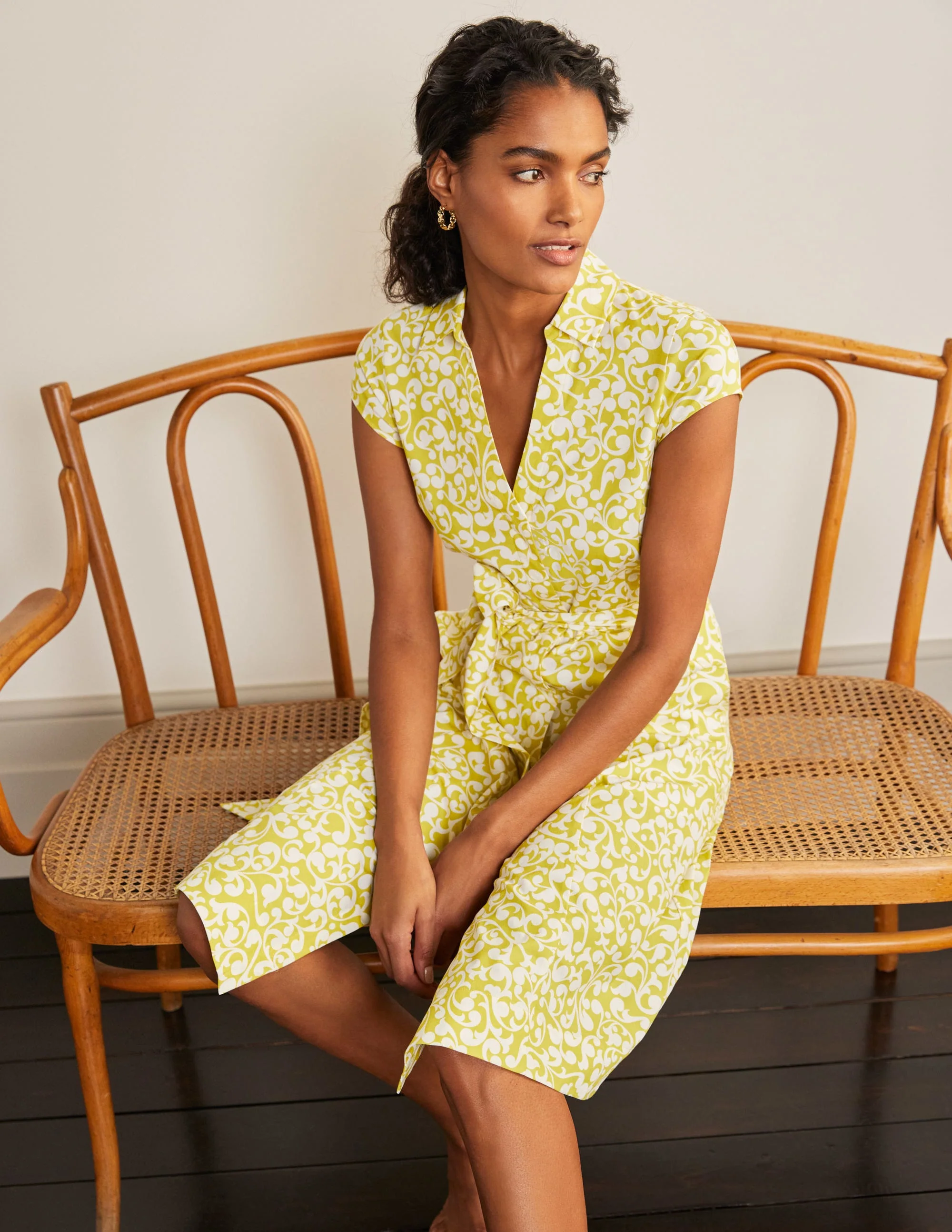 Short Sleeve Shirt Dress-Chartreuse, Vine Swirl - Image 5