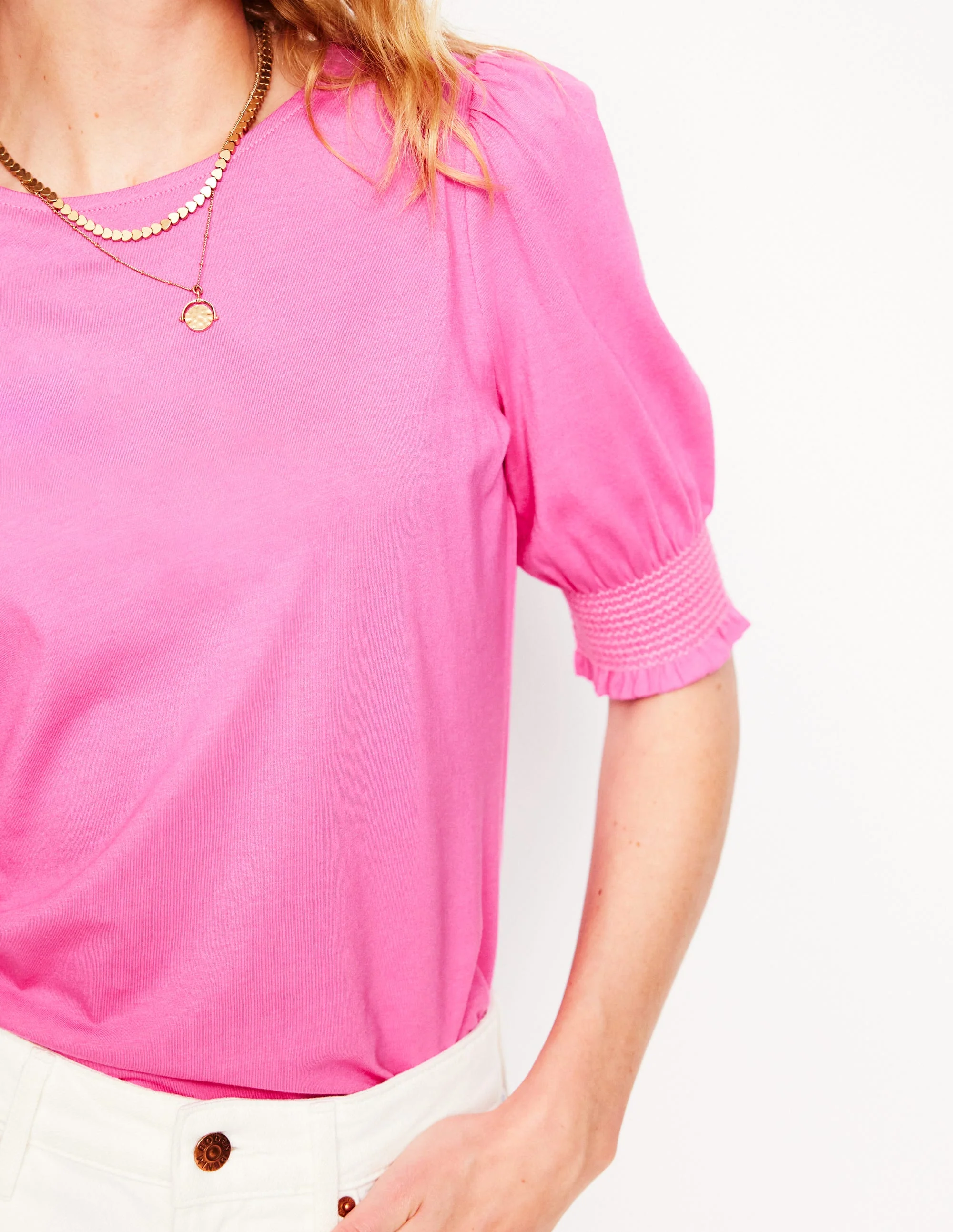 Short Sleeve Smocked Cuff Top-Tickled Pink - Image 2